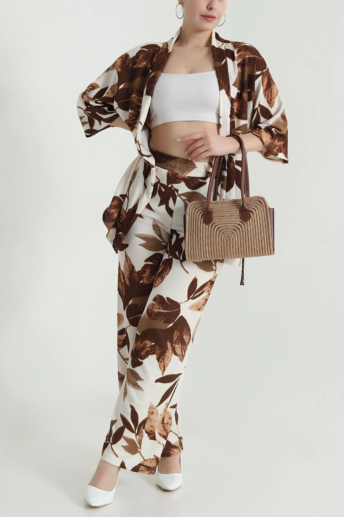 Kahverengi Bürümcük Kimono Kadın İkili Takım 473261
