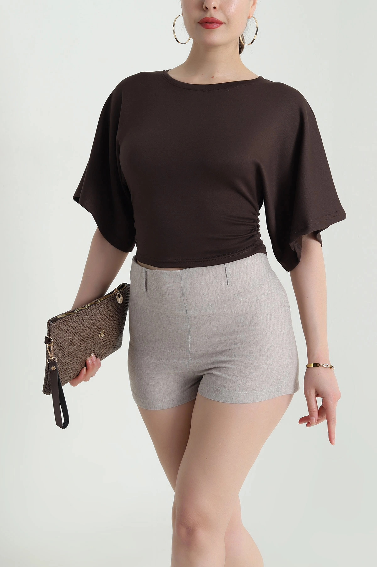 Kahverengi Büzgülü Crop Kadın Bluz 466225