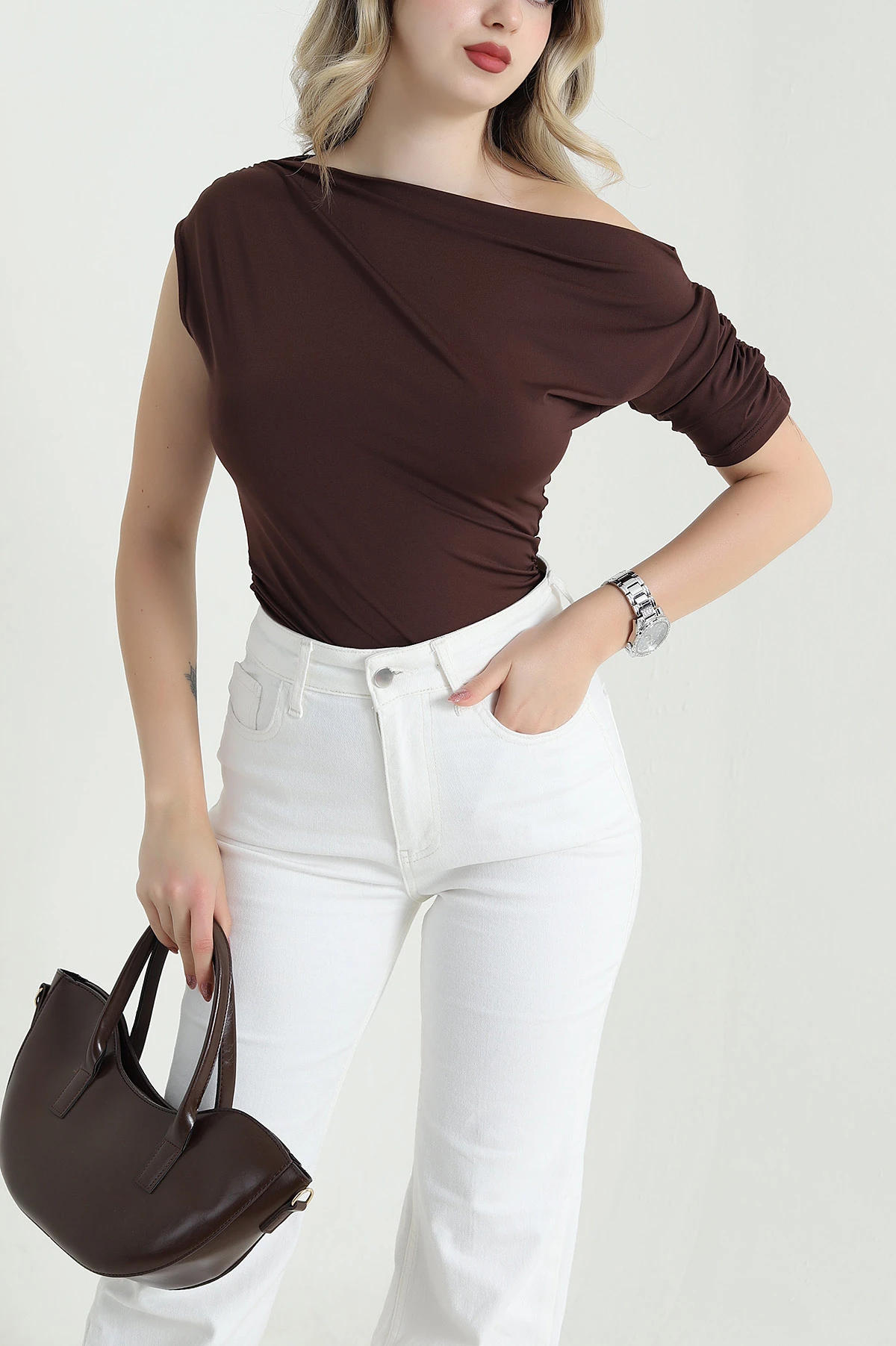 Kahverengi Büzgülü Kadın Sandy Bluz 467176