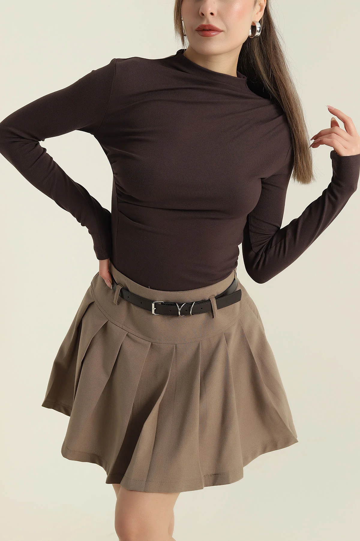 Kahverengi Büzgülü Likralı Viskon Kadın Bluz 418767