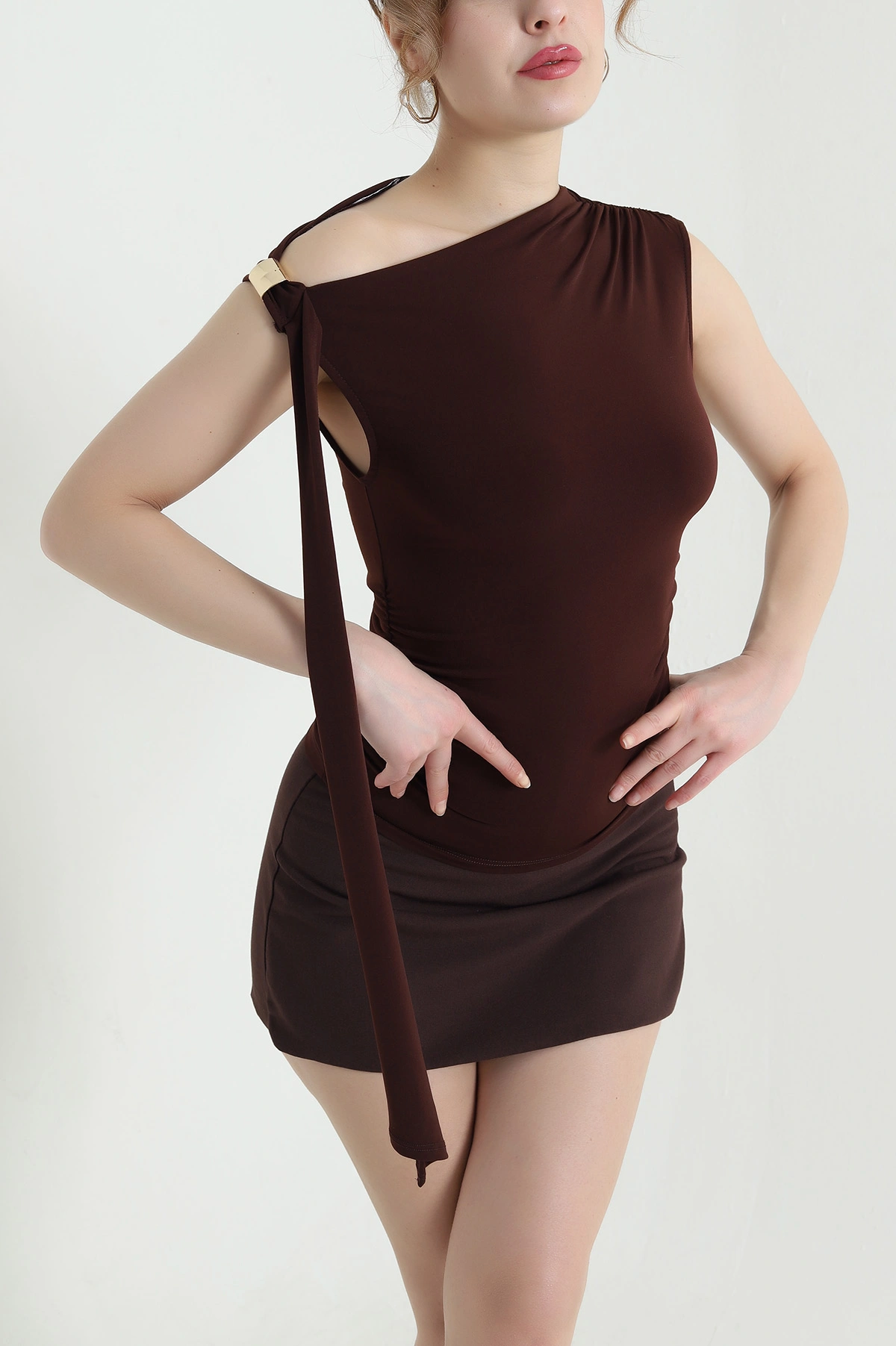 Kahverengi Büzgülü Sandy Kadın Bluz 438505