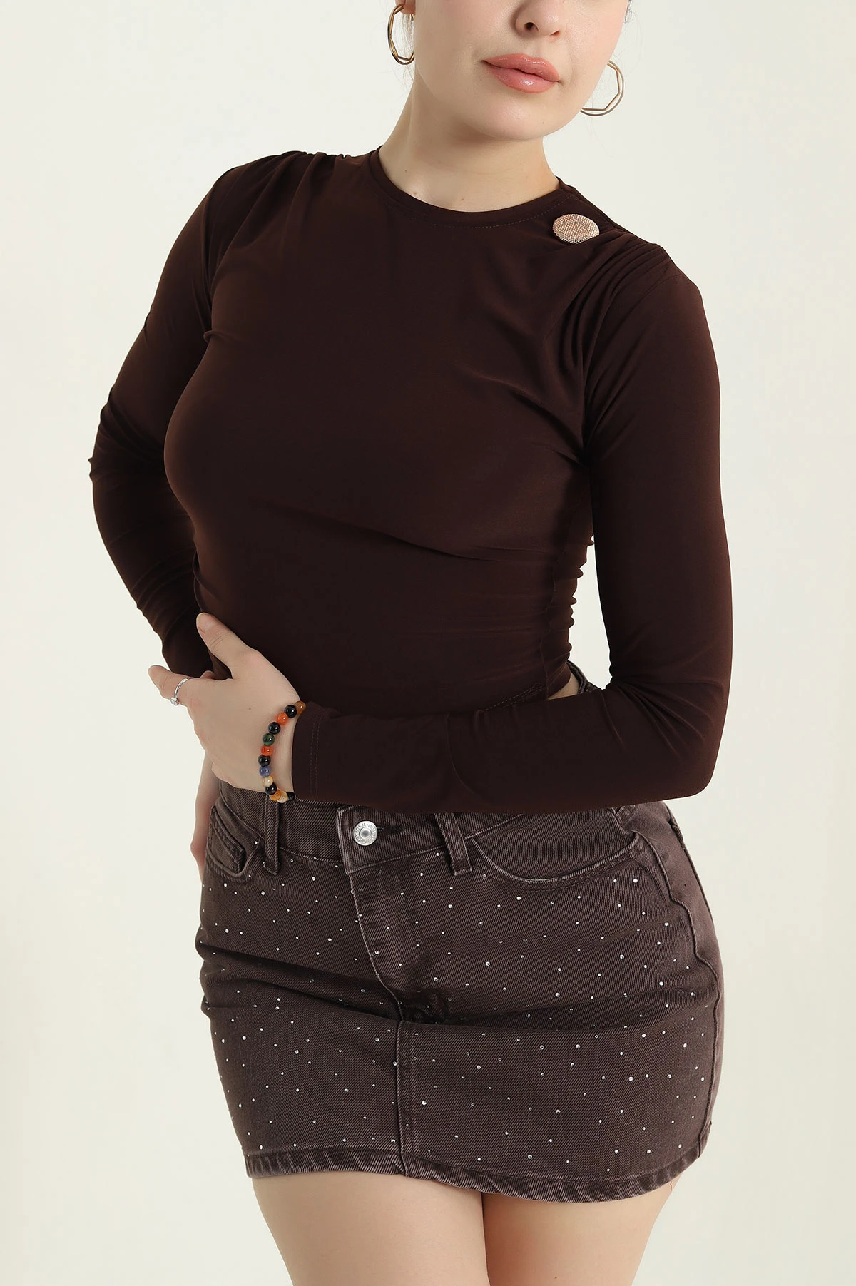Kahverengi Büzgülü Sandy Kadın Bluz 439560