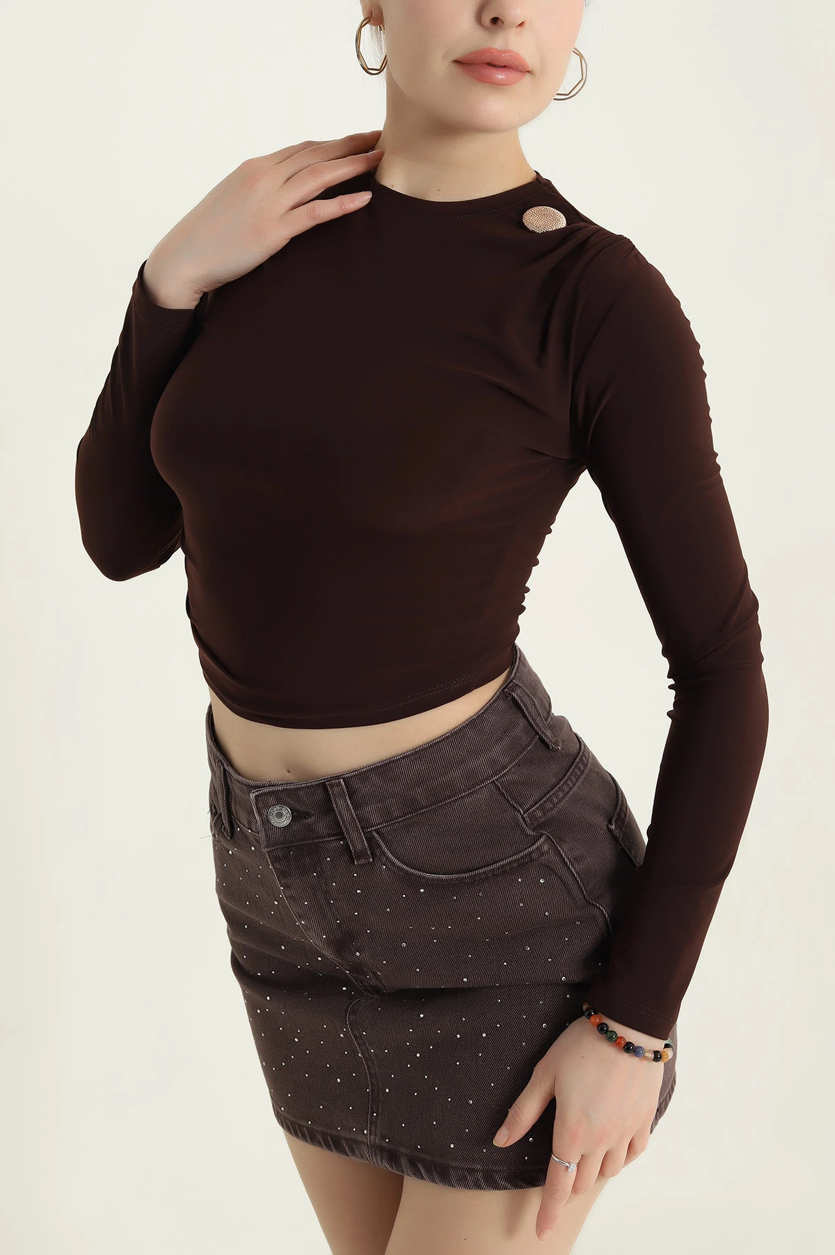 Kahverengi Büzgülü Sandy Kadın Bluz 439560