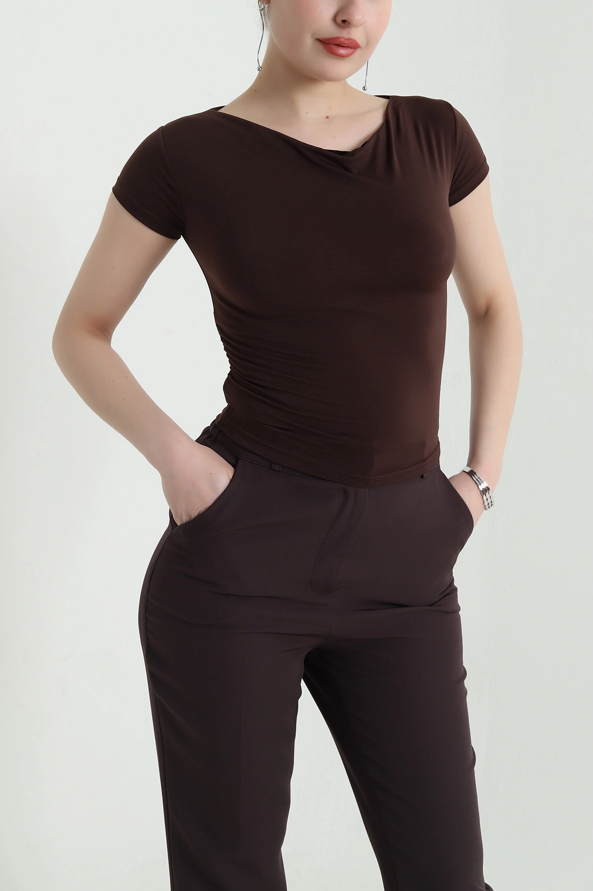 Kahverengi Büzgülü Sandy Kadın Bluz 453878