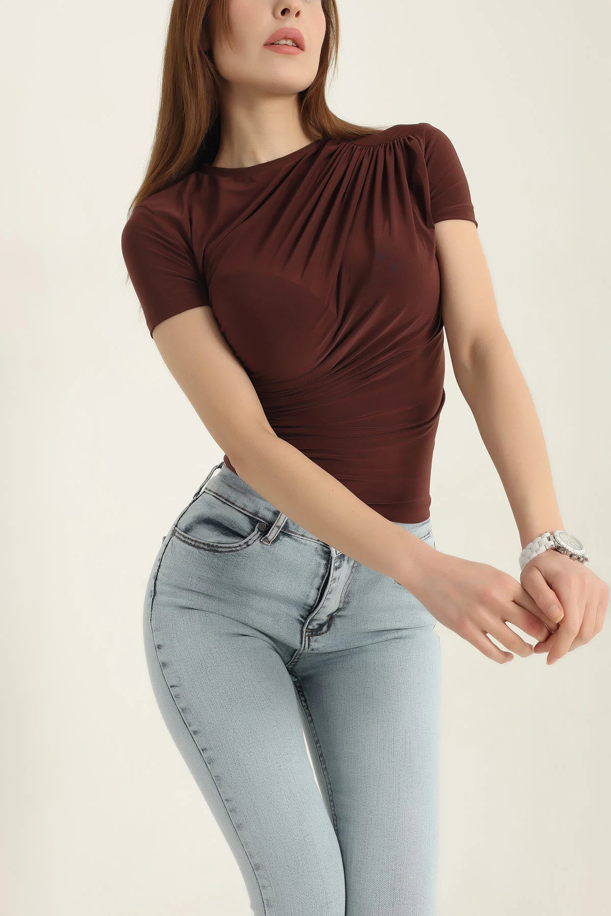 Kahverengi Büzgülü Sendy Kumaş Bluz 337555