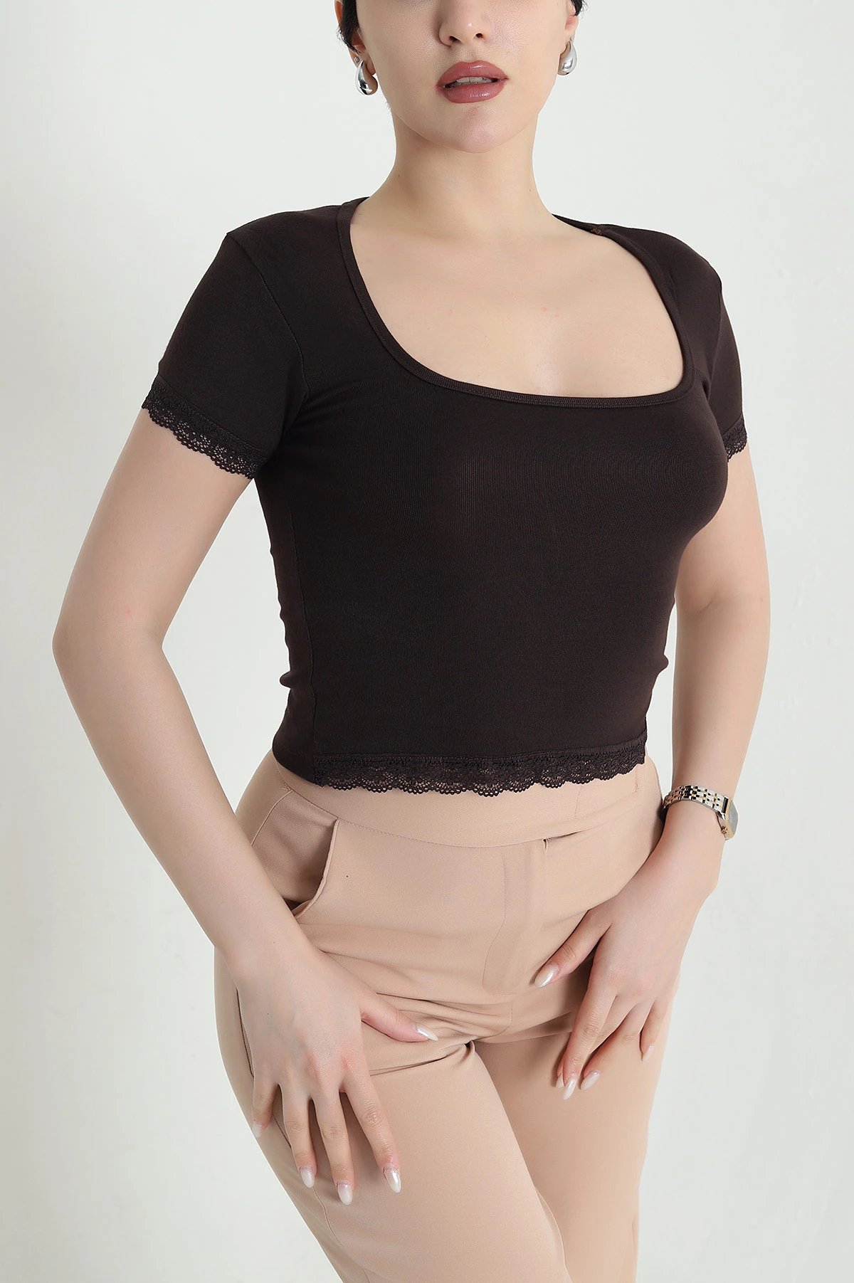 Kahverengi Buzzy Dantelli Kadın Crop 450542