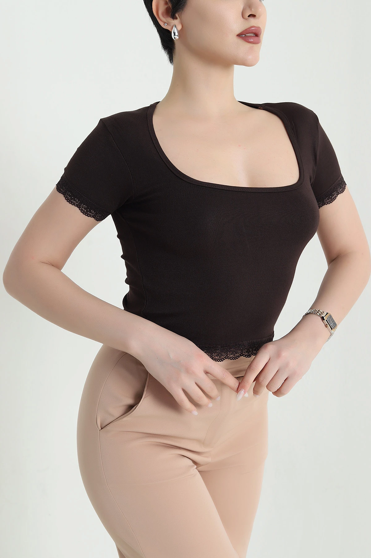 Kahverengi Buzzy Dantelli Kadın Crop 450542