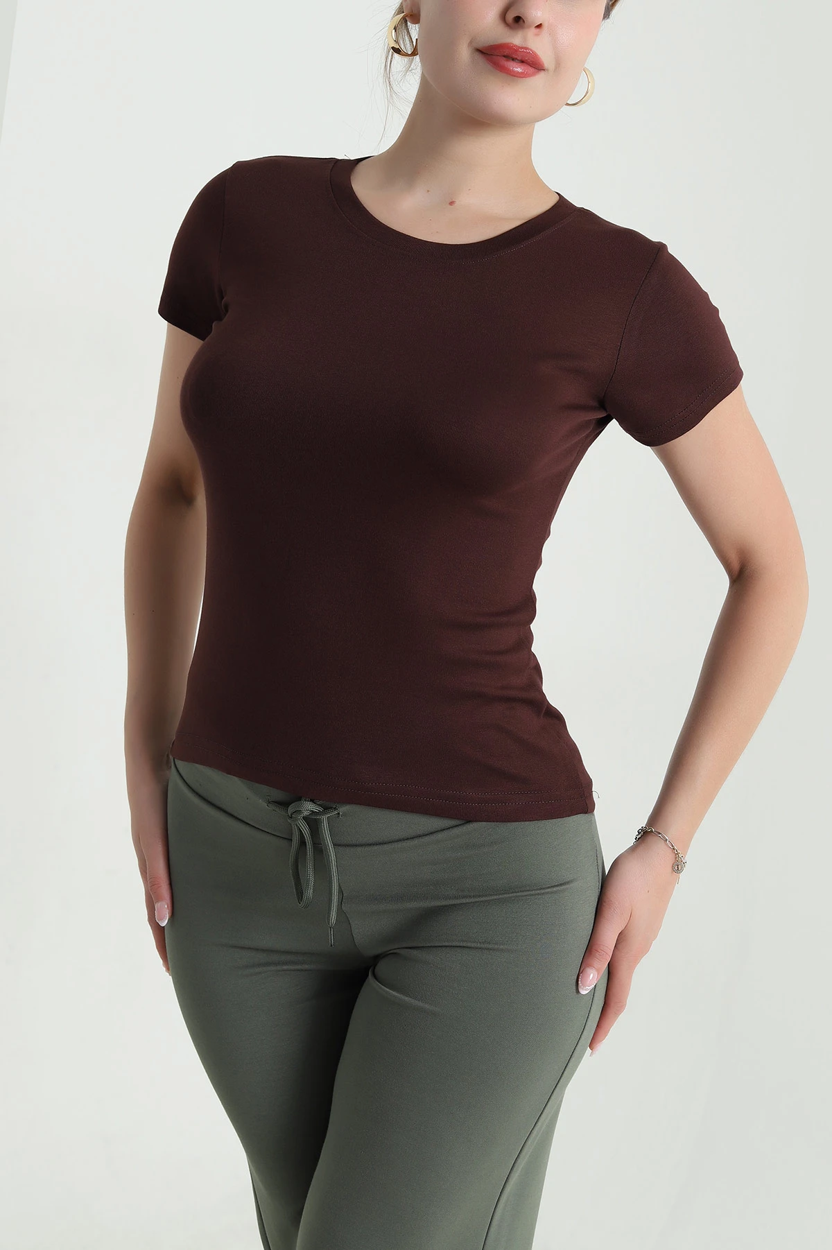 Kahverengi Buzzy Likralı Kadın Body Bluz 478329