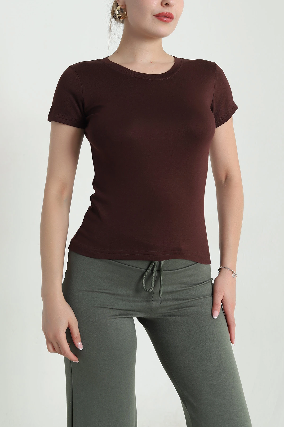 Kahverengi Buzzy Likralı Kadın Body Bluz 478329