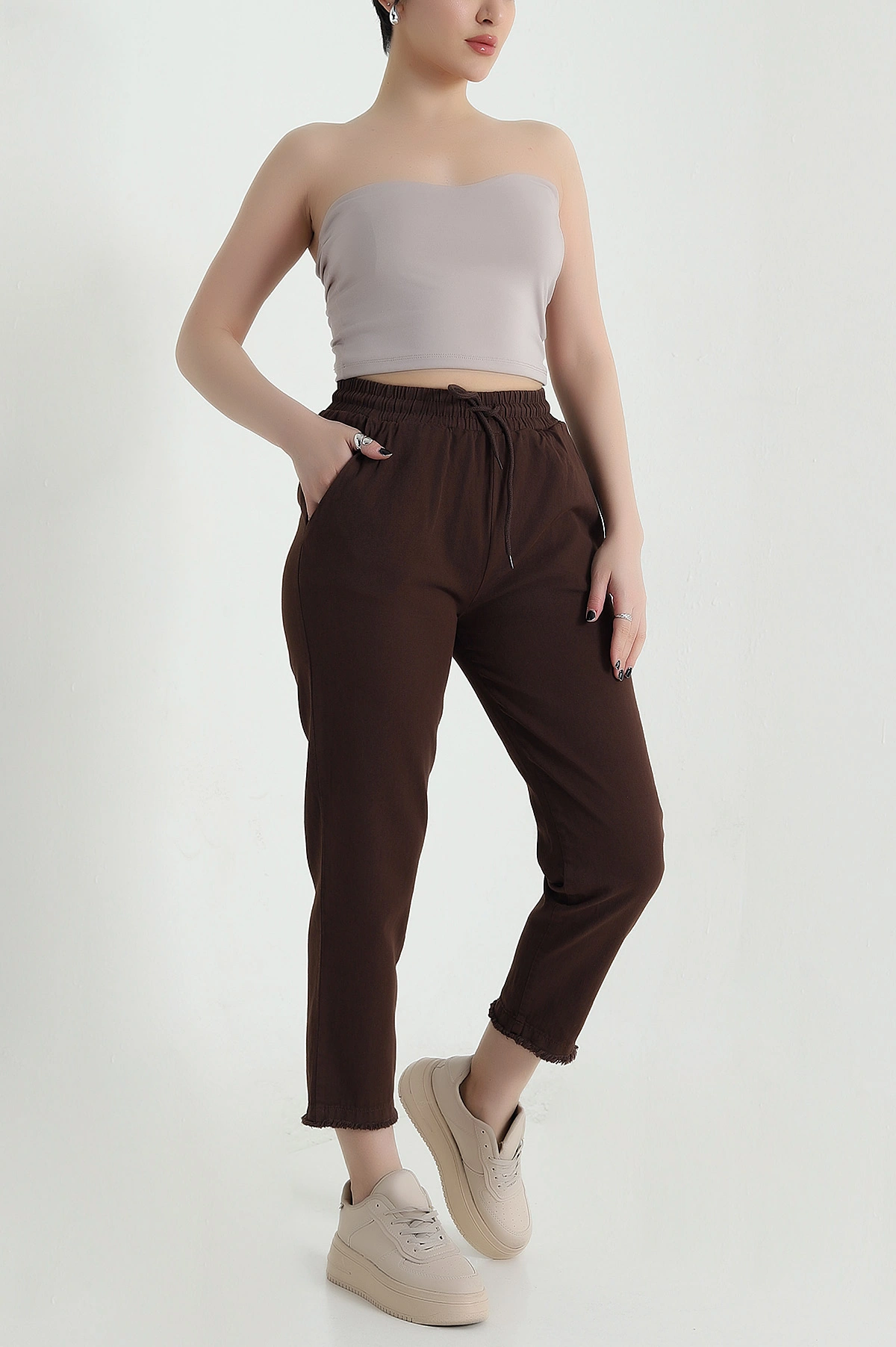 Kahverengi Cep Detay Gabardin Kadın Pantolon 455665