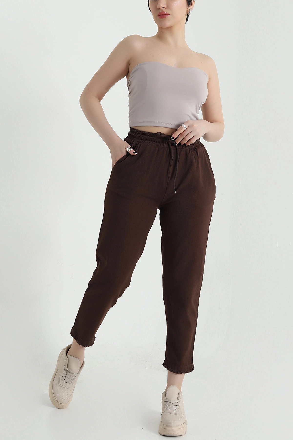 Kahverengi Cep Detay Gabardin Kadın Pantolon 455665