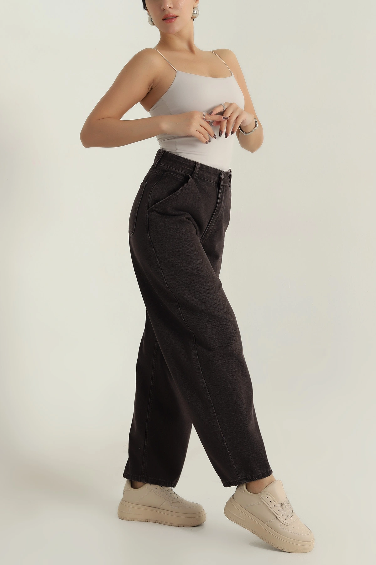 Kahverengi Cepli Baggy Kadın Kot Pantolon 406926