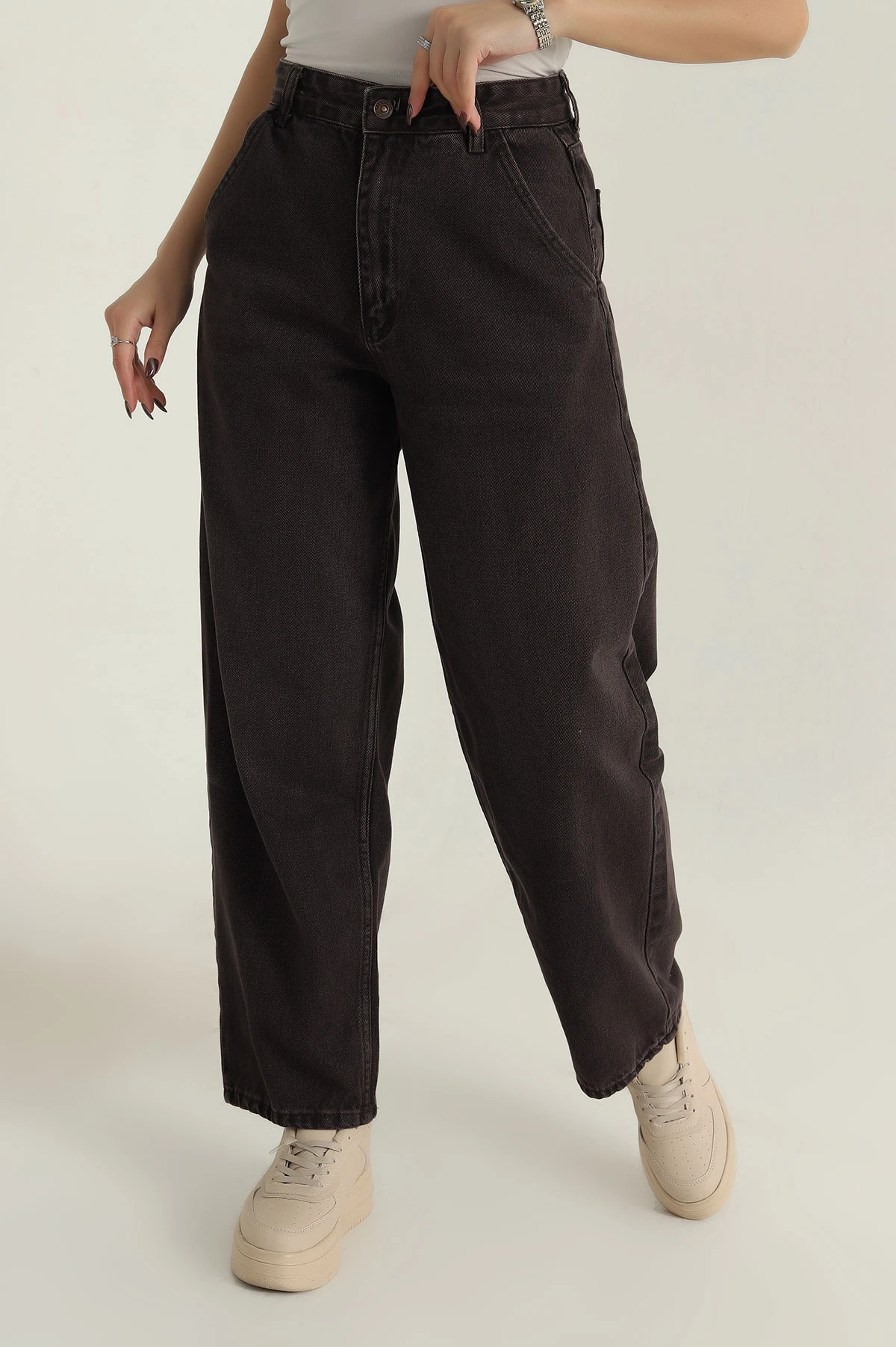 Kahverengi Cepli Baggy Kadın Kot Pantolon 406926