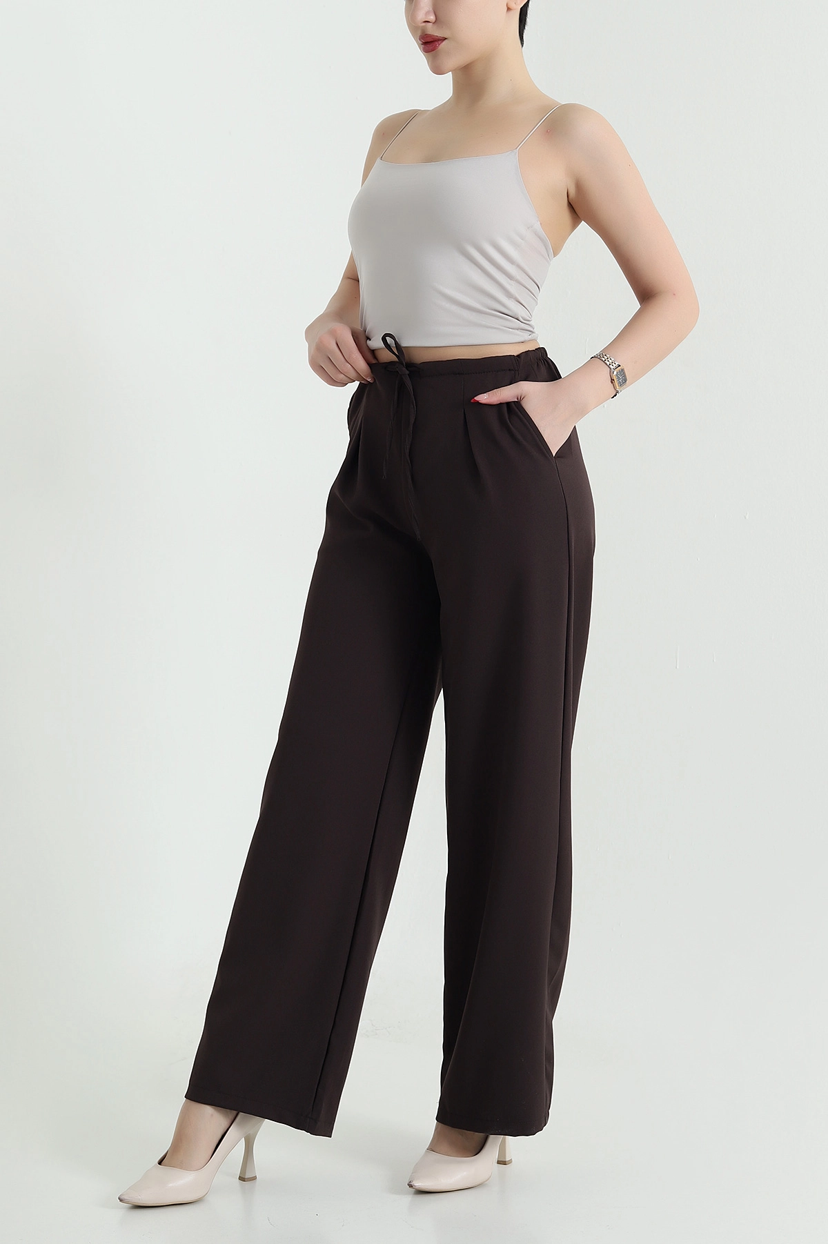 Kahverengi Cepli Bel Lastikli Dabıl Palazzo Kadın Pantolon 439645