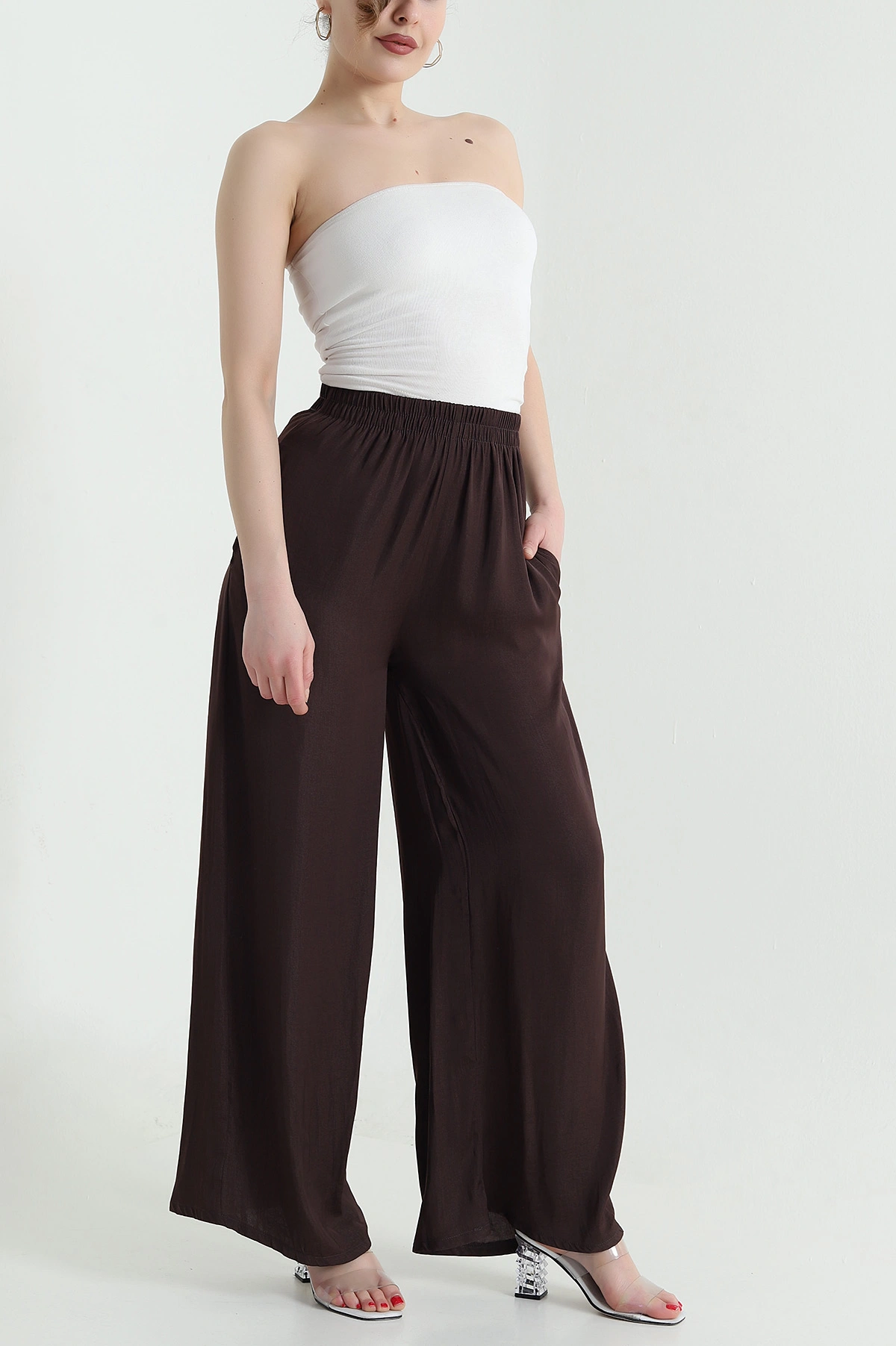 Kahverengi Cepli Bel Lastikli Tencel Kadın Pantolon 446679