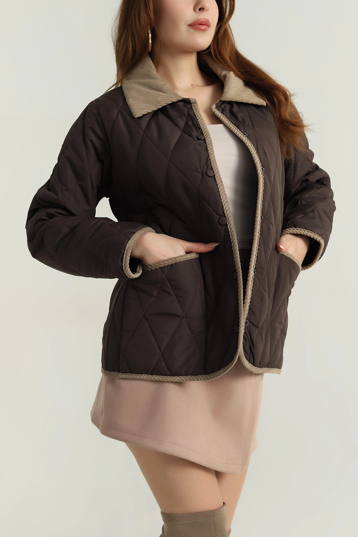 Kahverengi Çift Cep Kapitone Kadın Mont 405728