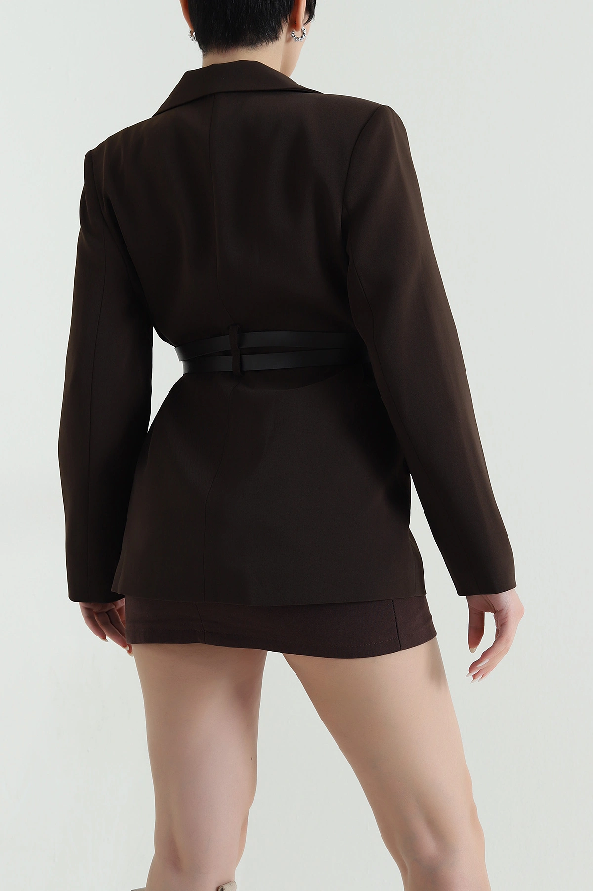 Kahverengi Çift Kemer Astarlı Latina Kadın Blazer Ceket 449544