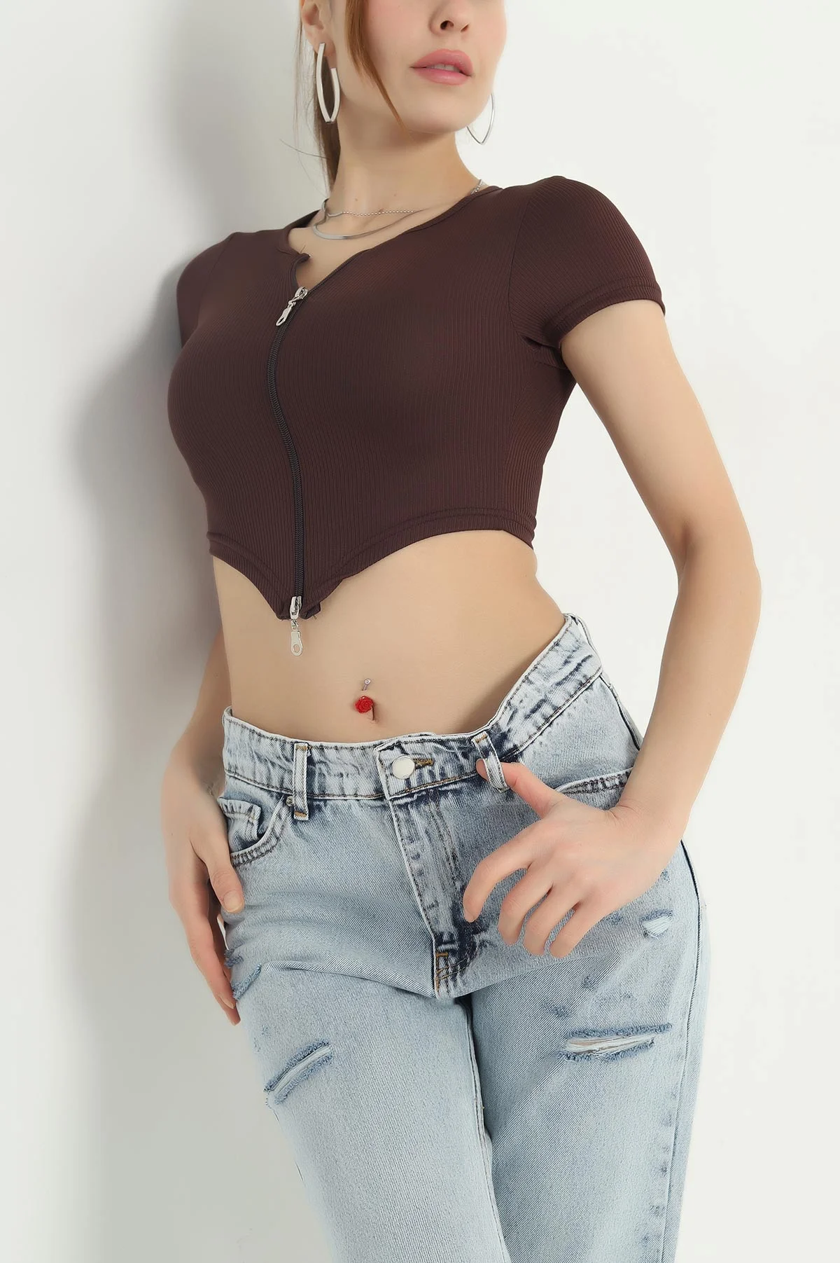 Kahverengi Çift Taraflı Fermuarlı Soft Kadın Bluz 342304