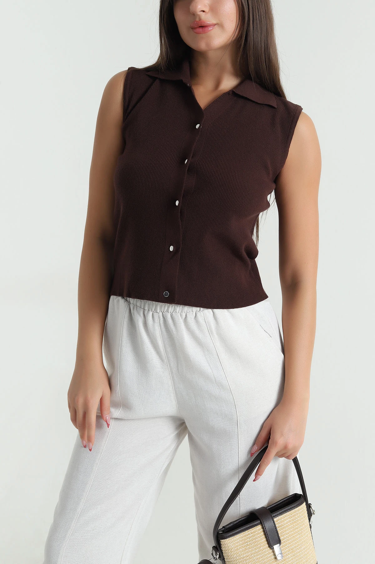 Kahverengi Cıt Cıtlı Polo Yaka Kadın Triko 477784