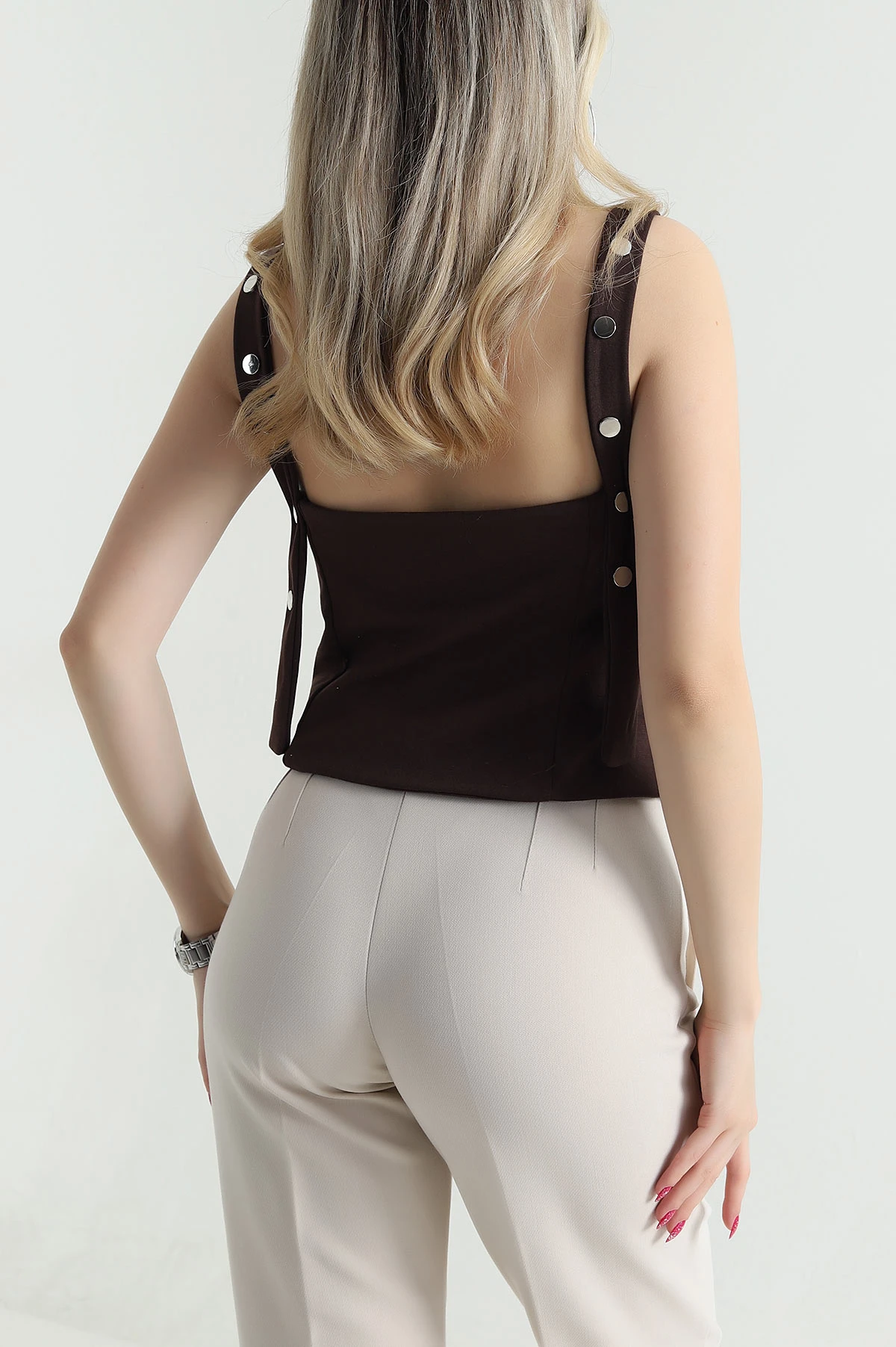 Kahverengi Çıtçıtlı Çift Katlı Oysho Kadın Bluz 475740