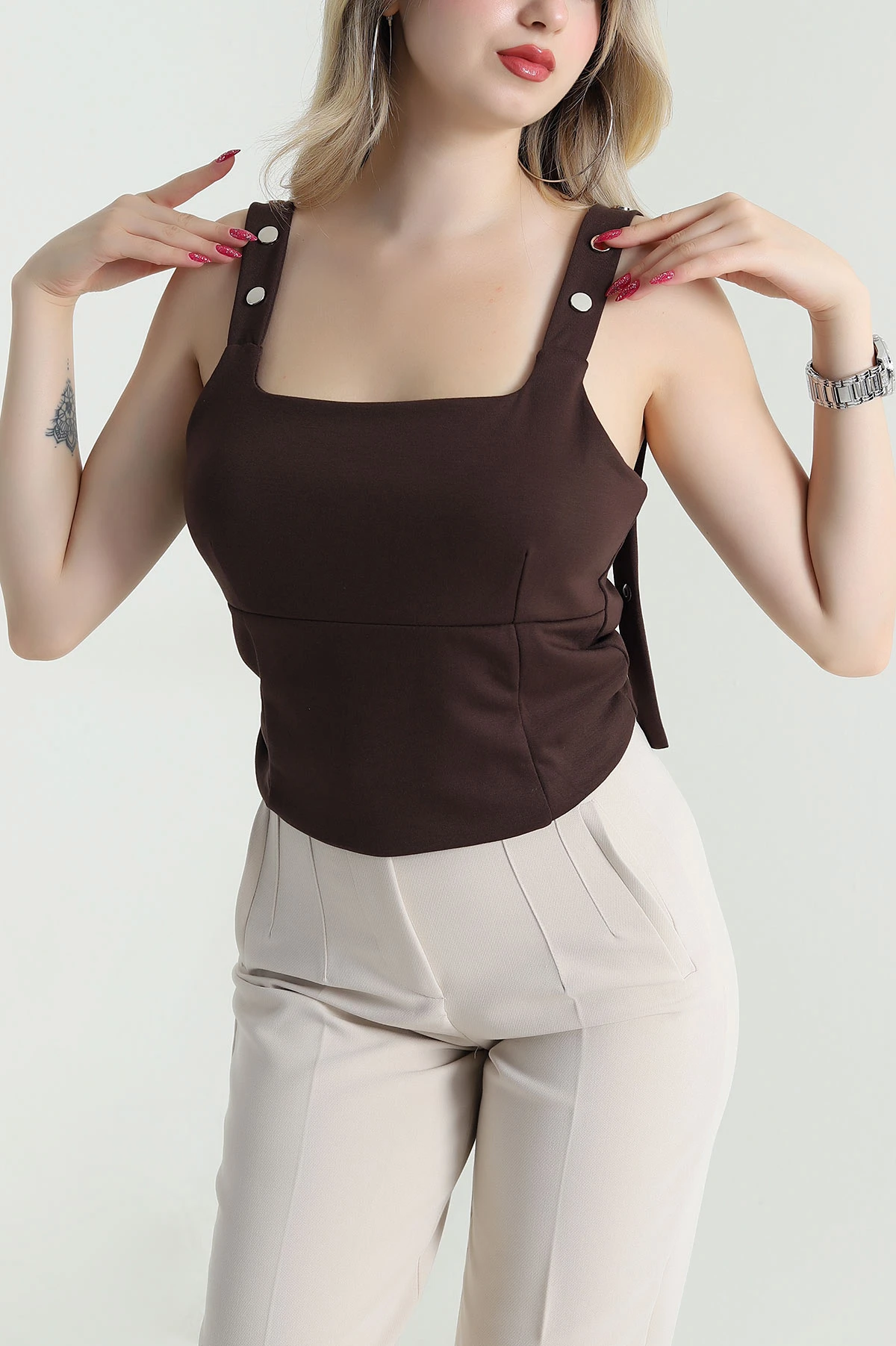 Kahverengi Çıtçıtlı Çift Katlı Oysho Kadın Bluz 475740