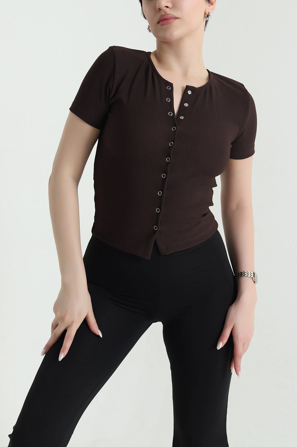 Kahverengi Çıtçıtlı Ottoman Kadın Bluz 448309