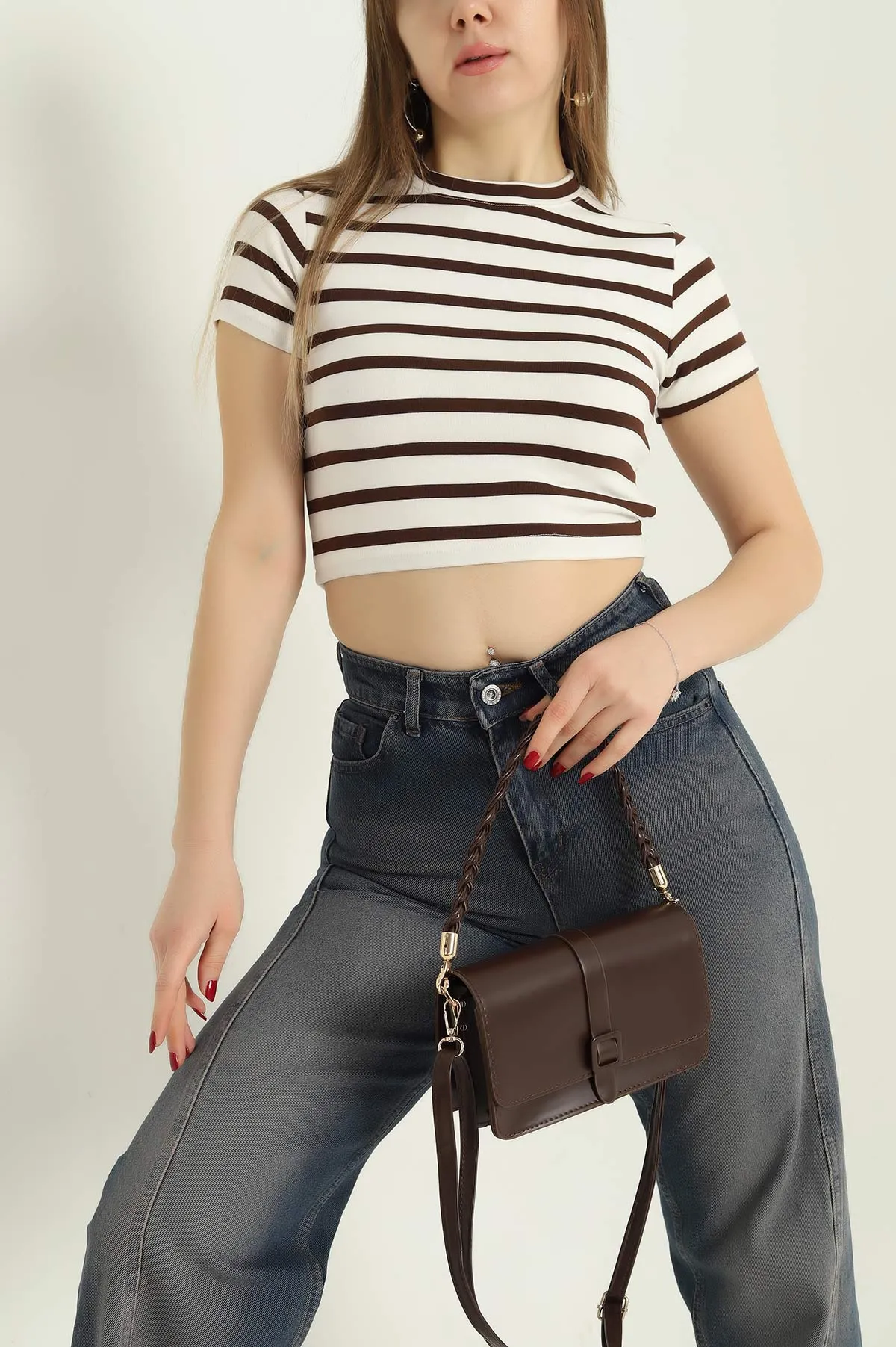 Kahverengi Çizgili Likralı Crop 333897
