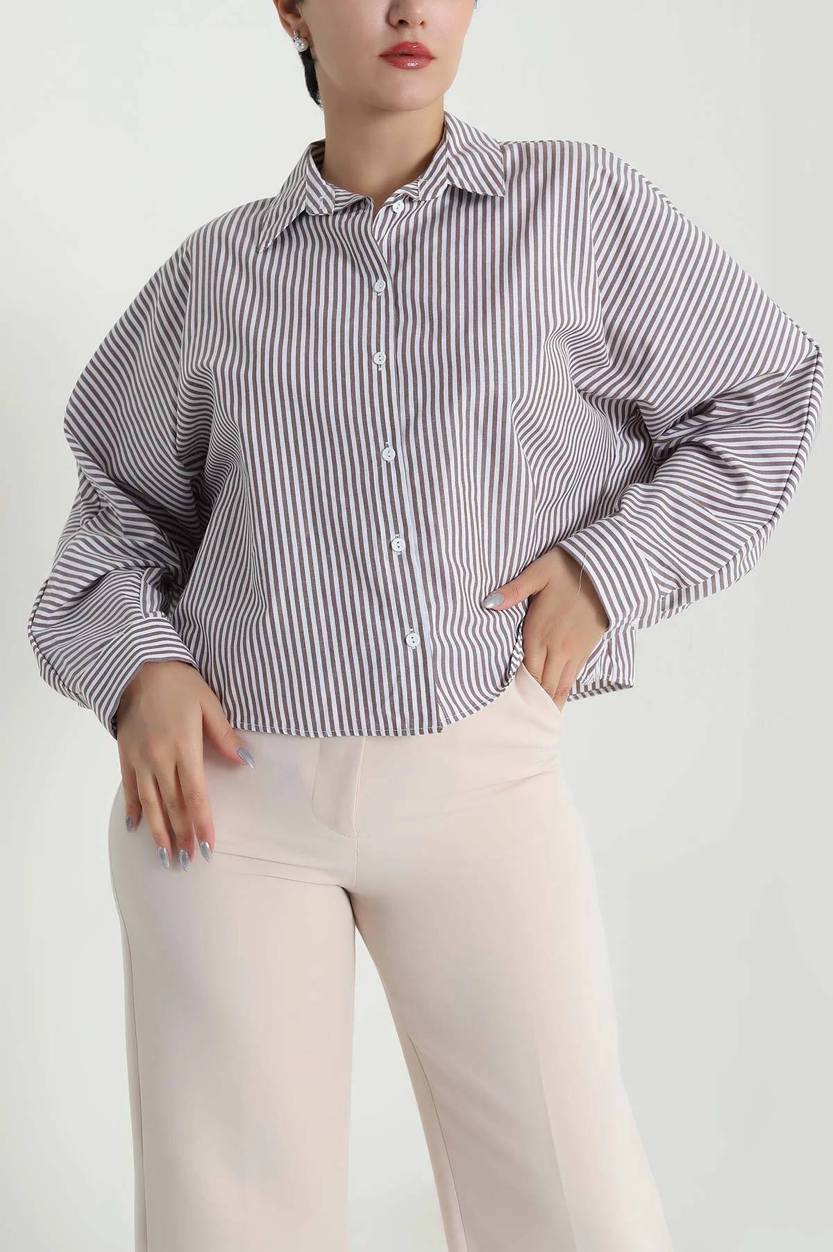 Kahverengi Çizgili Oversize Poplin Kadın Gömlek 479947