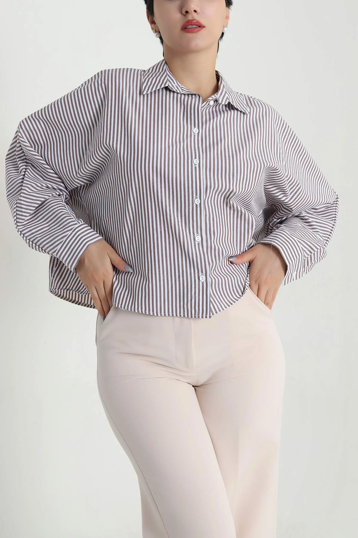 Kahverengi Çizgili Oversize Poplin Kadın Gömlek 479947