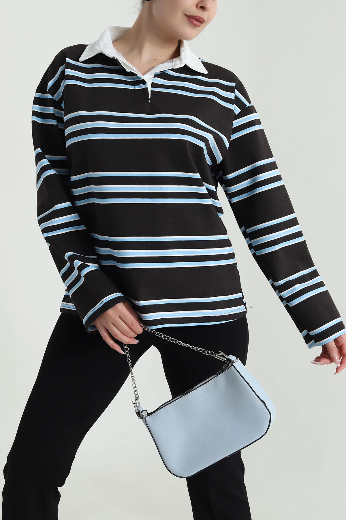 Kahverengi Çizgili Polo Yaka İki İp Kadın Sweat 492569