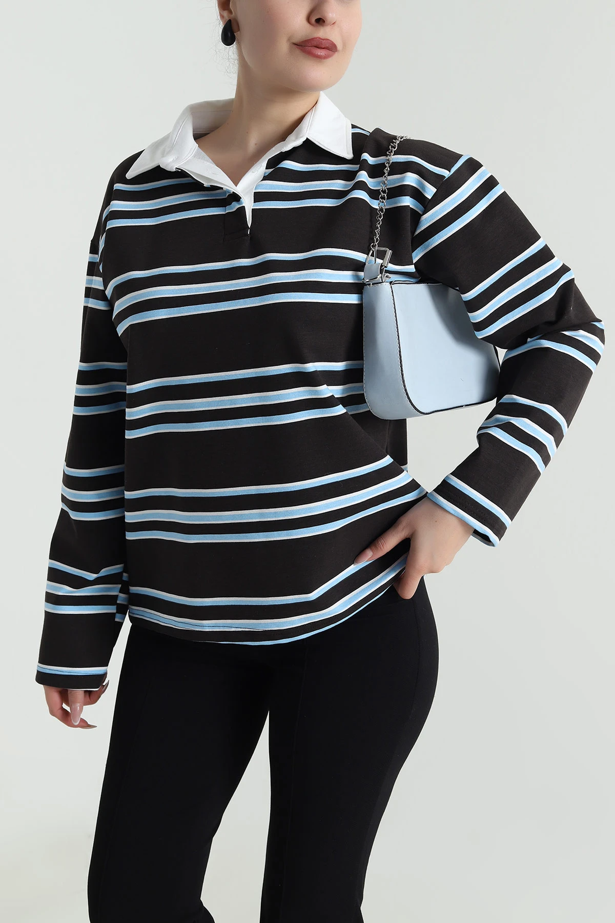 Kahverengi Çizgili Polo Yaka İki İp Kadın Sweat 492569
