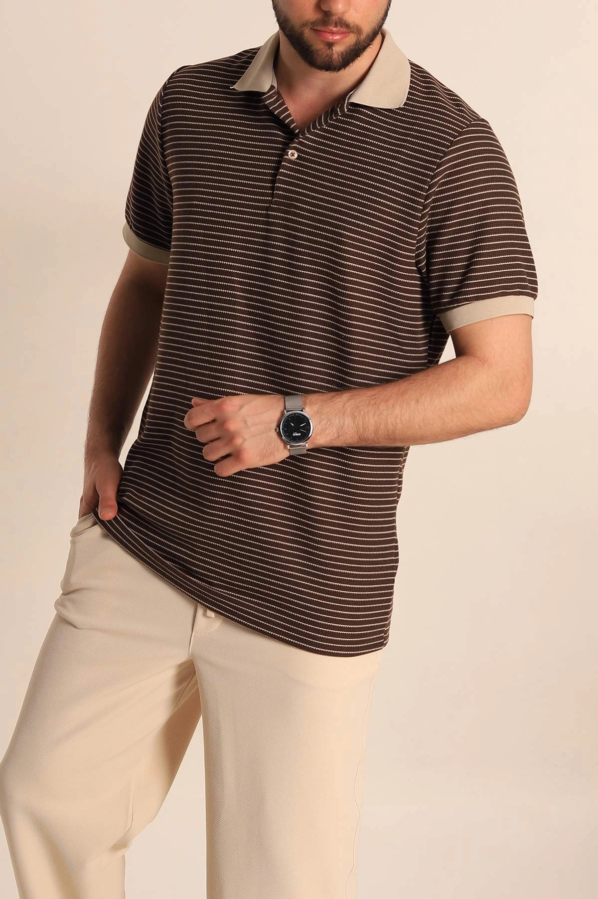 Kahverengi Çizgili Regular Fit Polo Yaka Erkek Tişört 277109