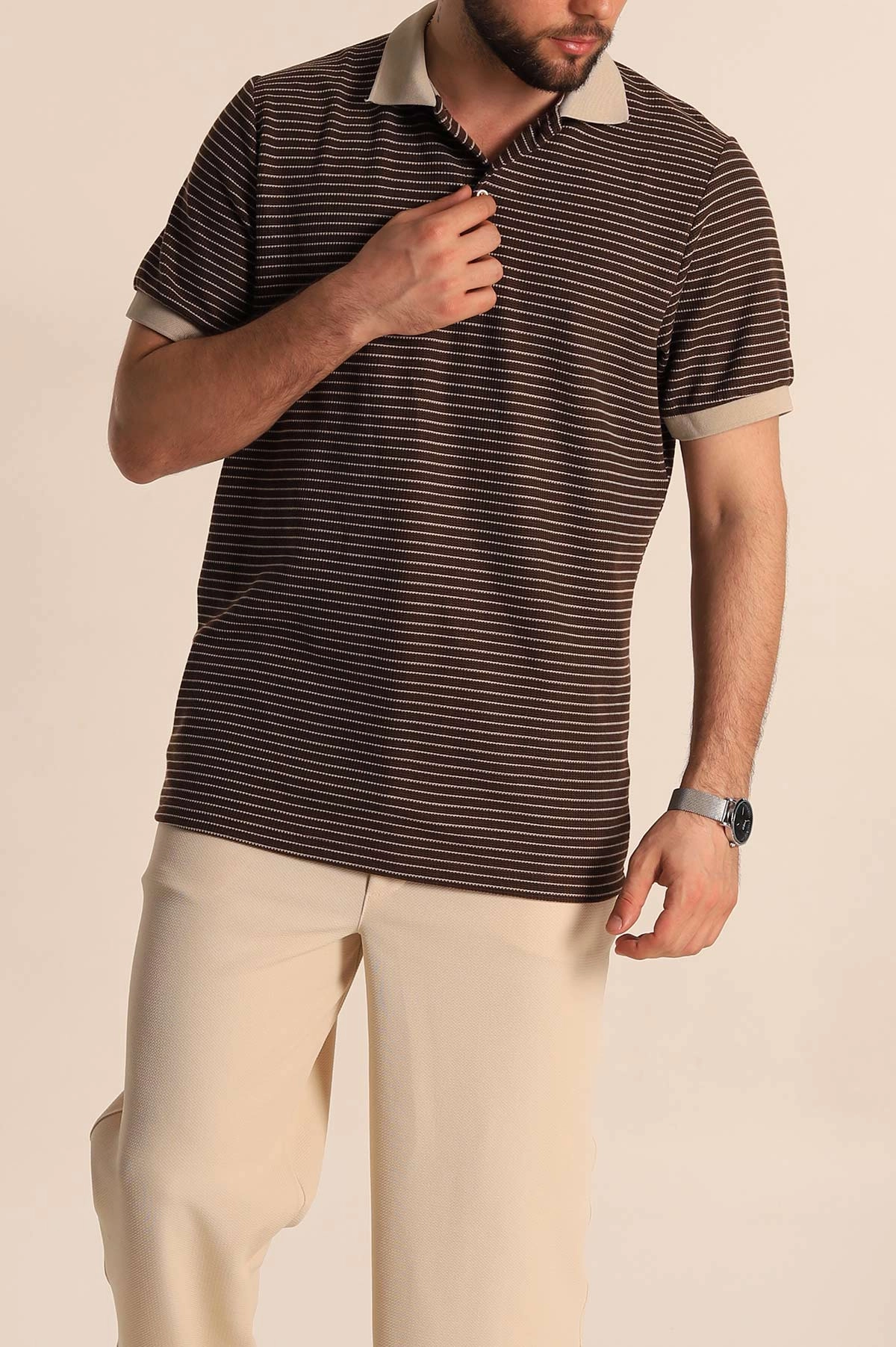Kahverengi Çizgili Regular Fit Polo Yaka Erkek Tişört 277109