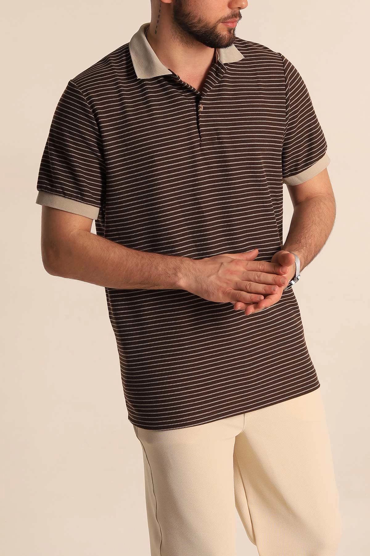 Kahverengi Çizgili Regular Fit Polo Yaka Erkek Tişört 277109