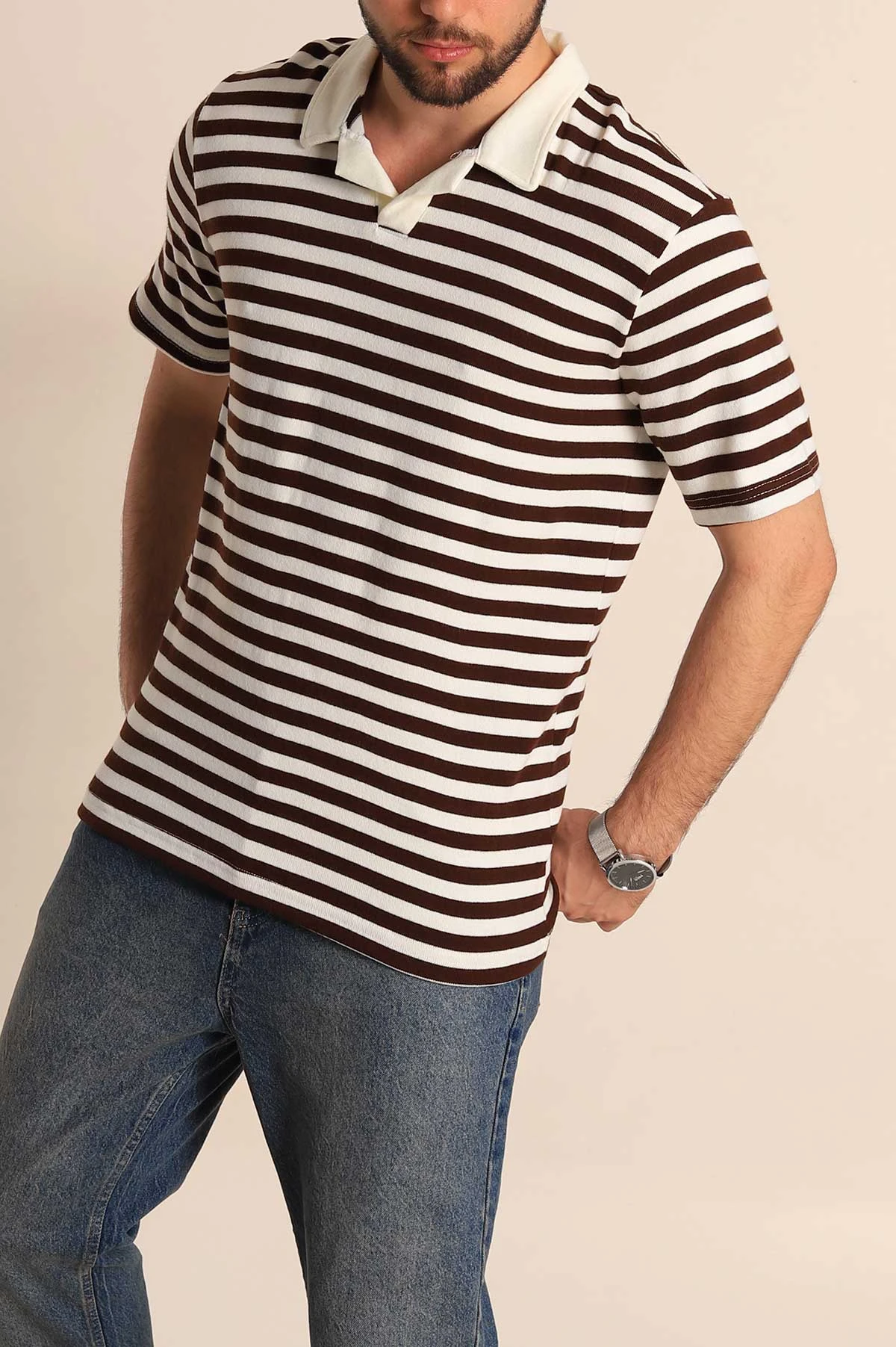 Kahverengi Çizgili Relaxed Fit Polo Yaka Erkek Triko Tişört 276749