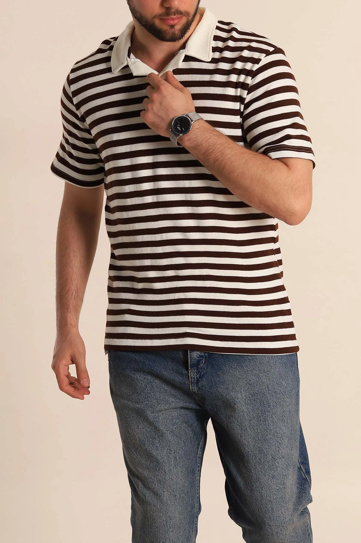 Kahverengi Çizgili Relaxed Fit Polo Yaka Erkek Triko Tişört 276749