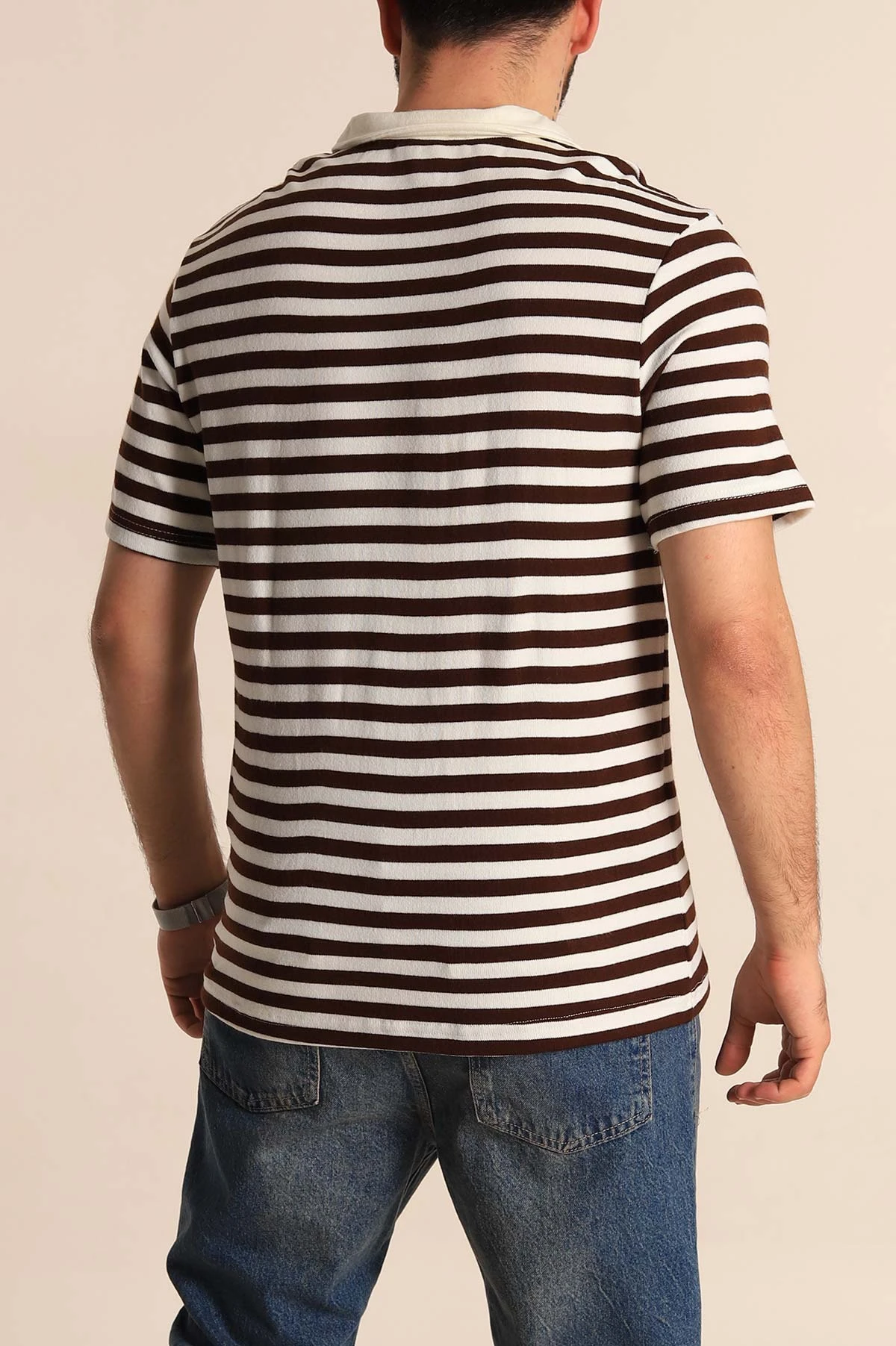 Kahverengi Çizgili Relaxed Fit Polo Yaka Erkek Triko Tişört 276749