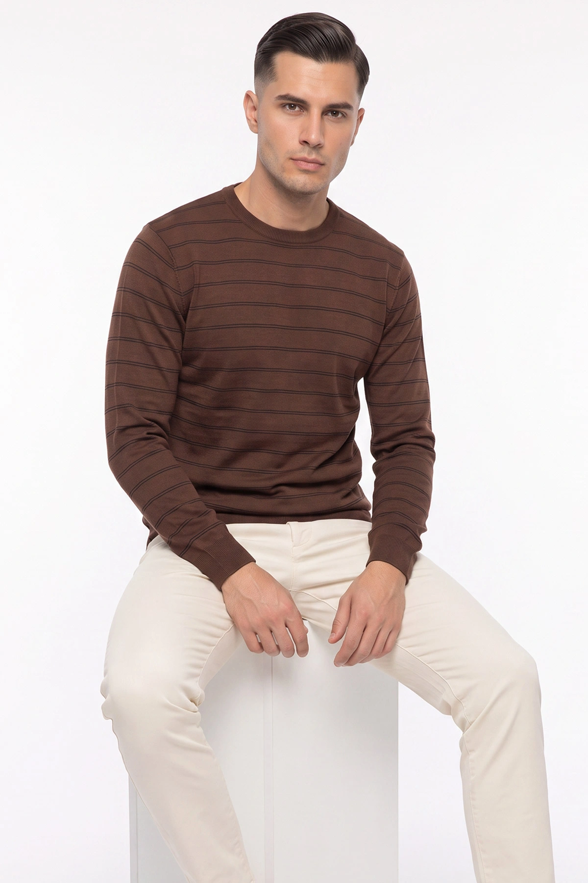 Kahverengi Çizgili Viskon Triko Erkek Sweatshirt 482856