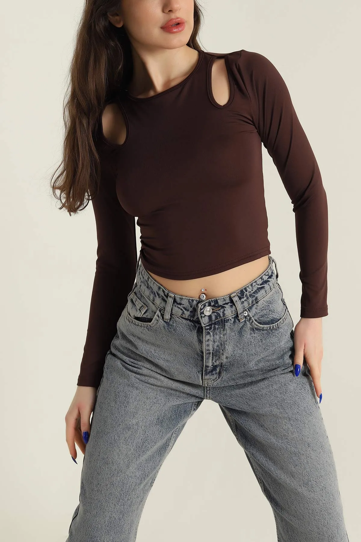 Kahverengi Damla Detay Scuba Bluz 426985