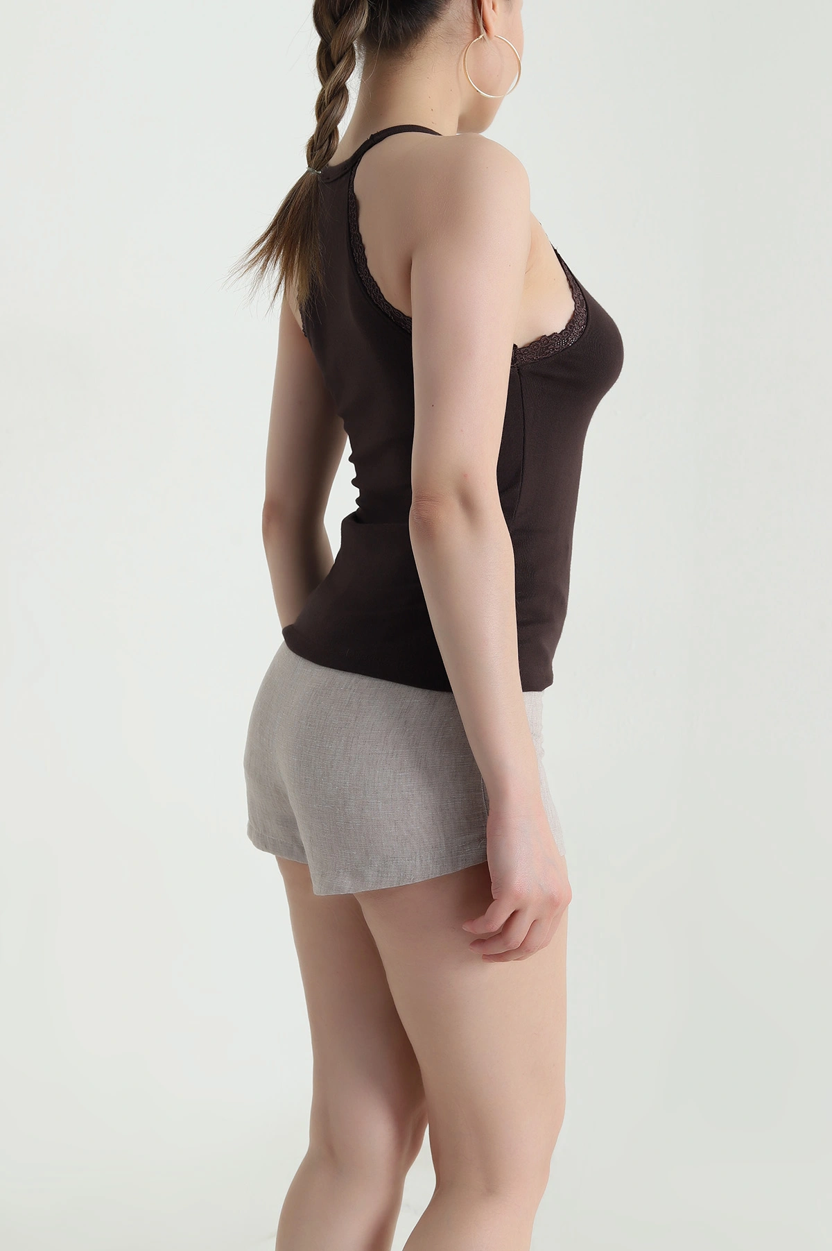 Kahverengi Dantel Detay Halter Kadın Bluz 466471