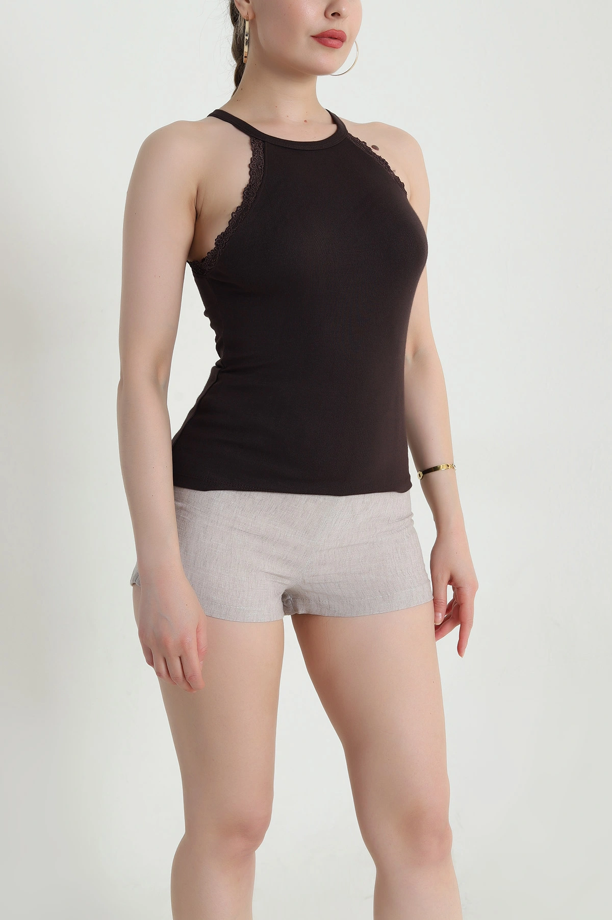 Kahverengi Dantel Detay Halter Kadın Bluz 466471