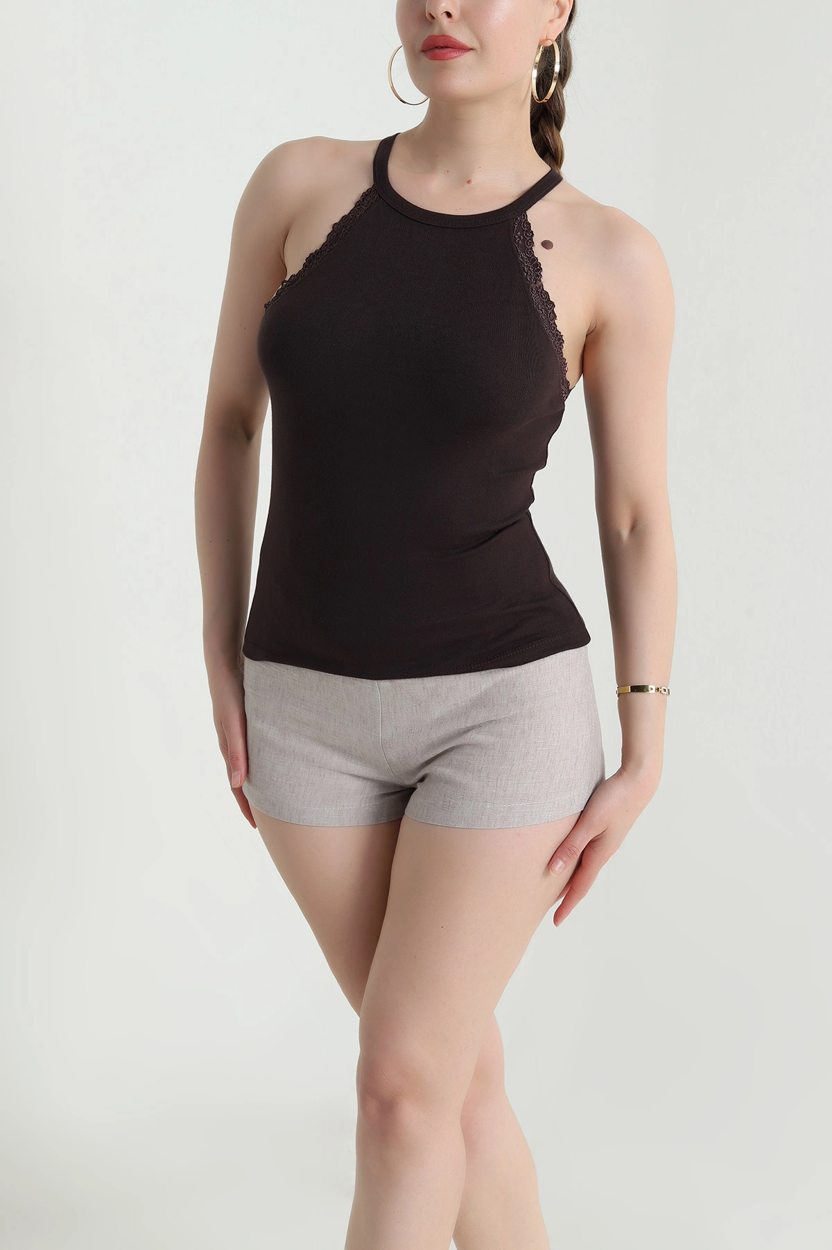 Kahverengi Dantel Detay Halter Kadın Bluz 466471