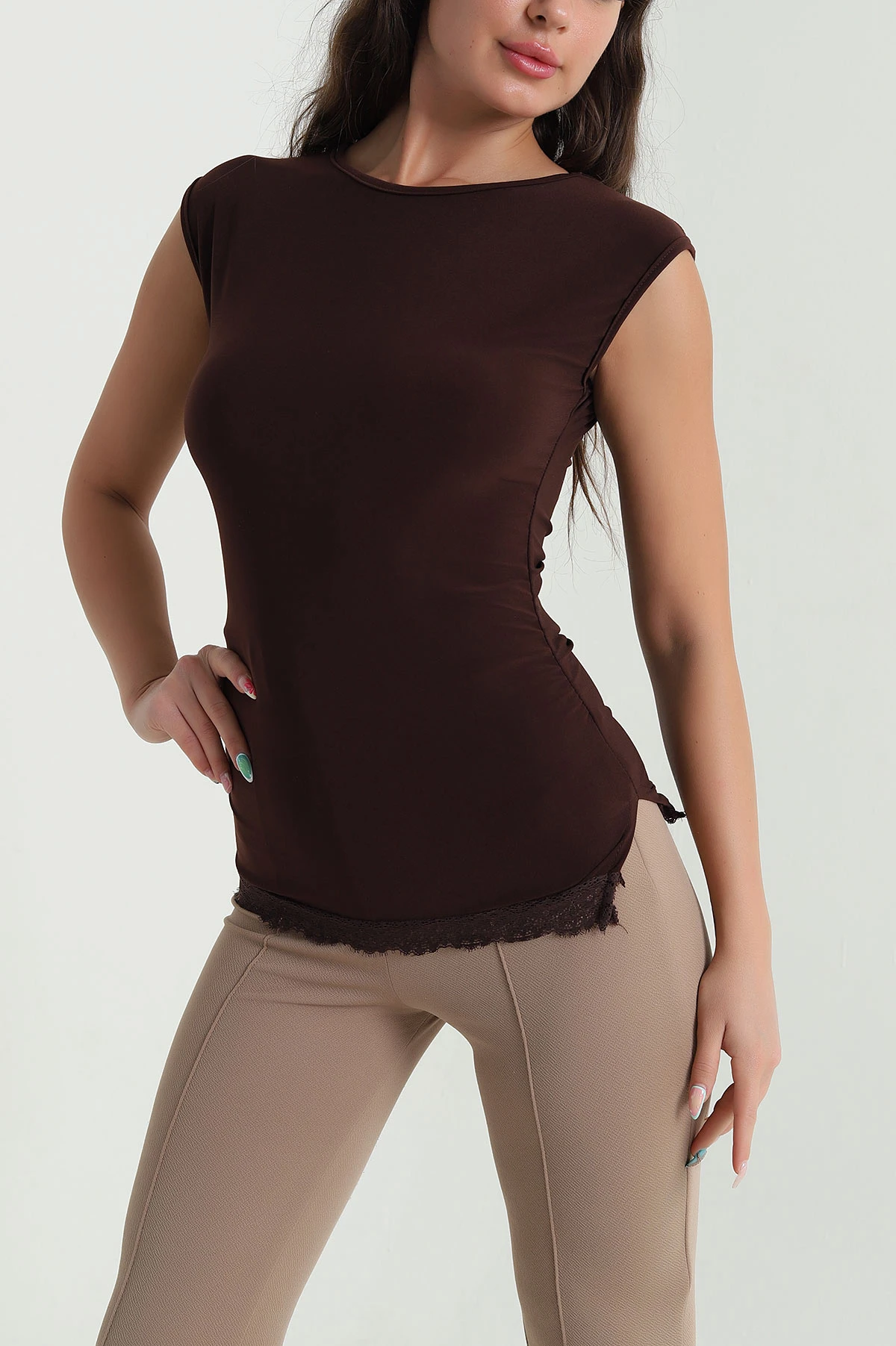 Kahverengi Dantelli Büzgülü Likralı Sandy Kadın Bluz 469484