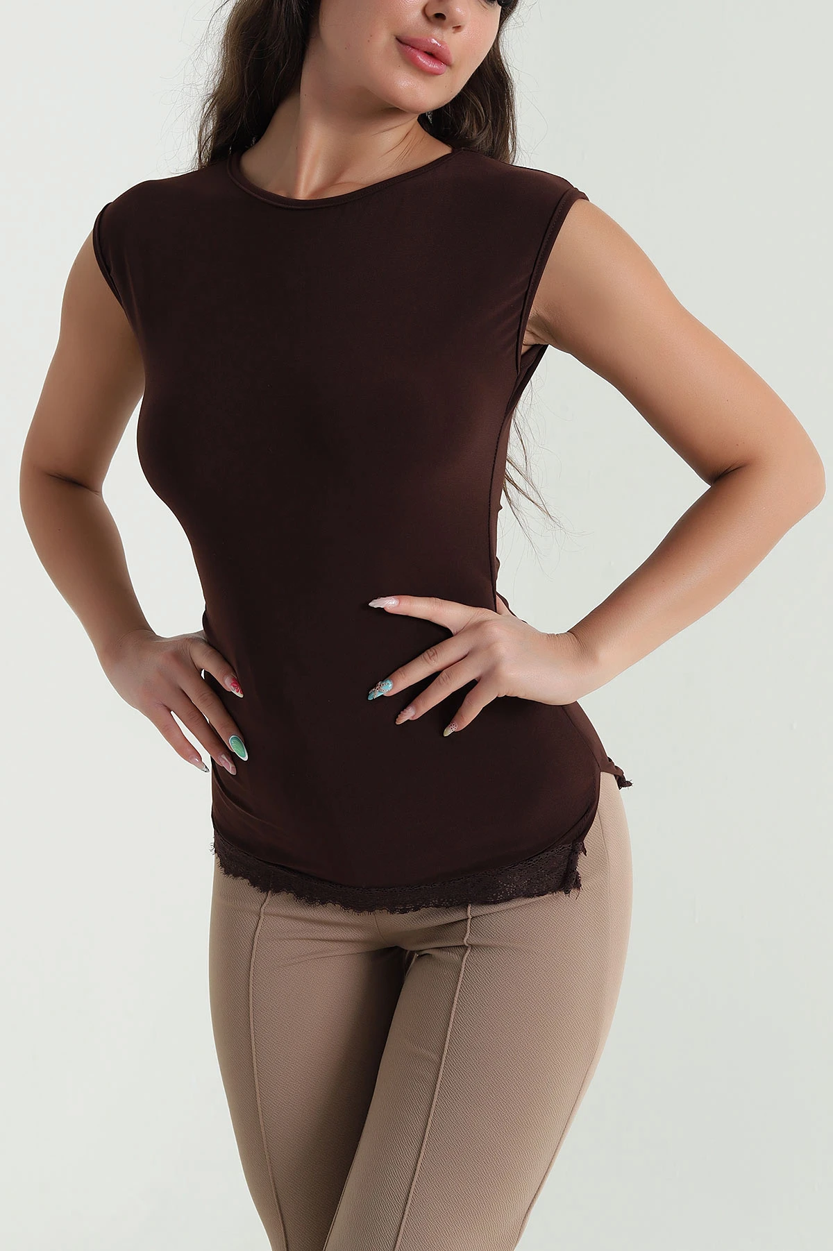 Kahverengi Dantelli Büzgülü Likralı Sandy Kadın Bluz 469484