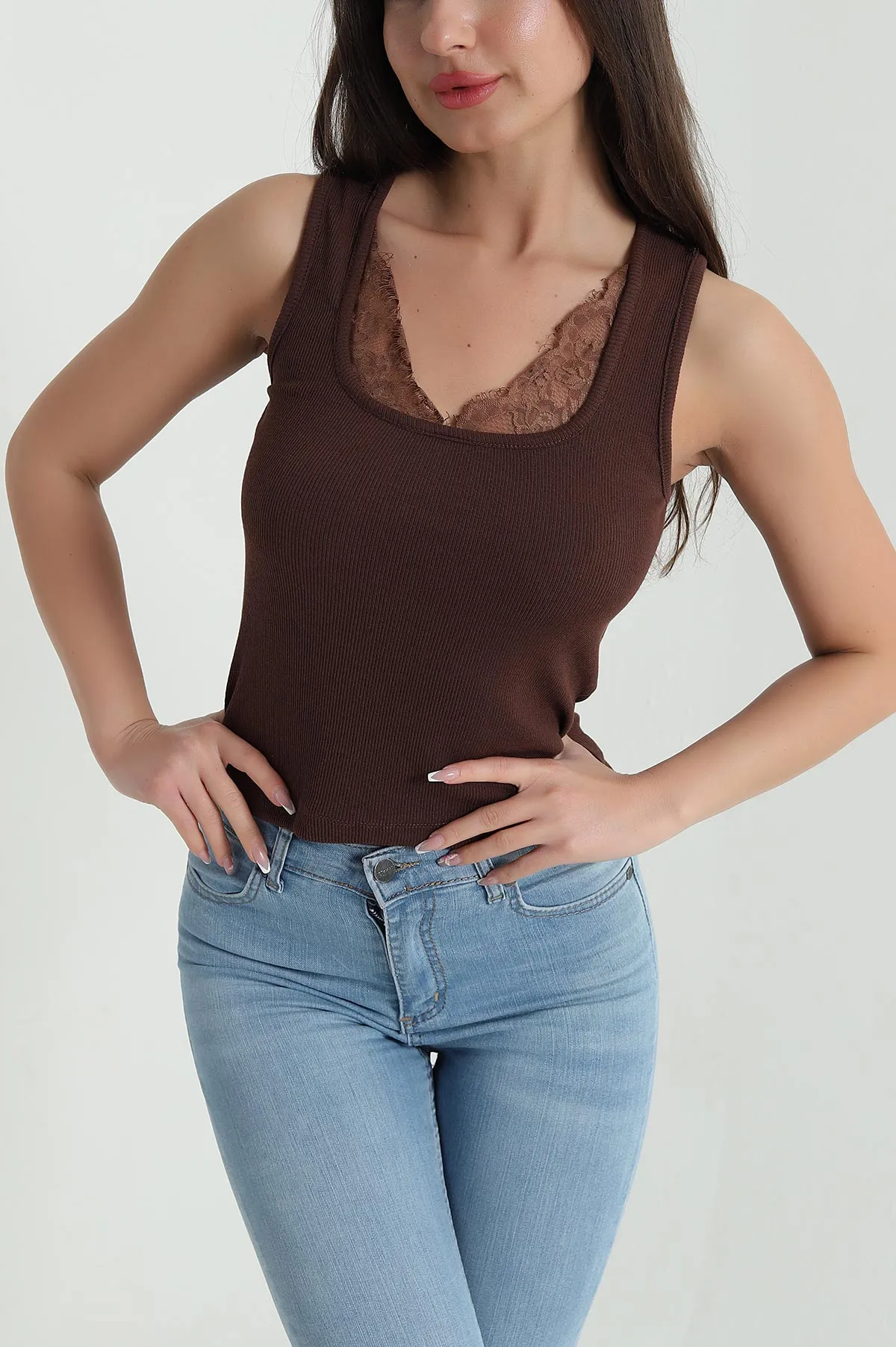 Kahverengi Dantelli Fitilli Kadın Bluz 459296