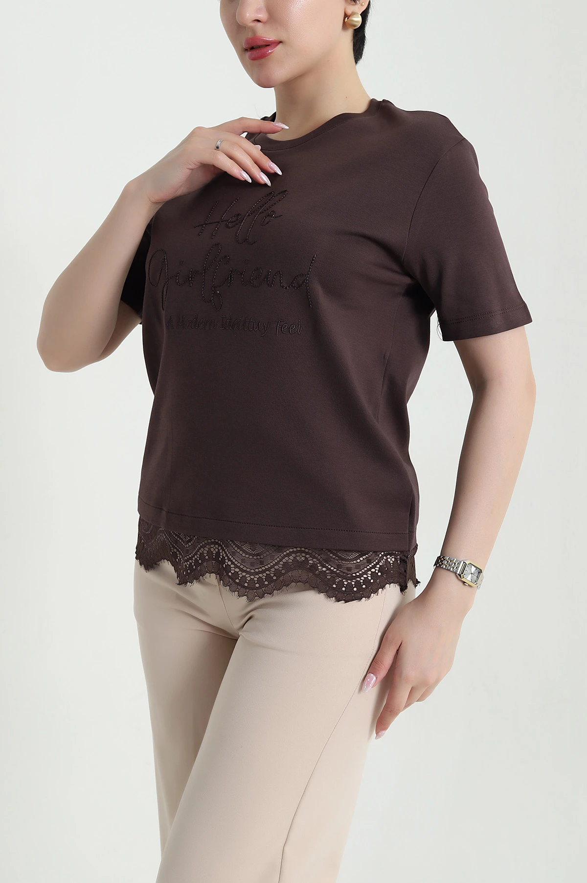 Kahverengi Dantelli İnterlok Kadın Bluz 457619