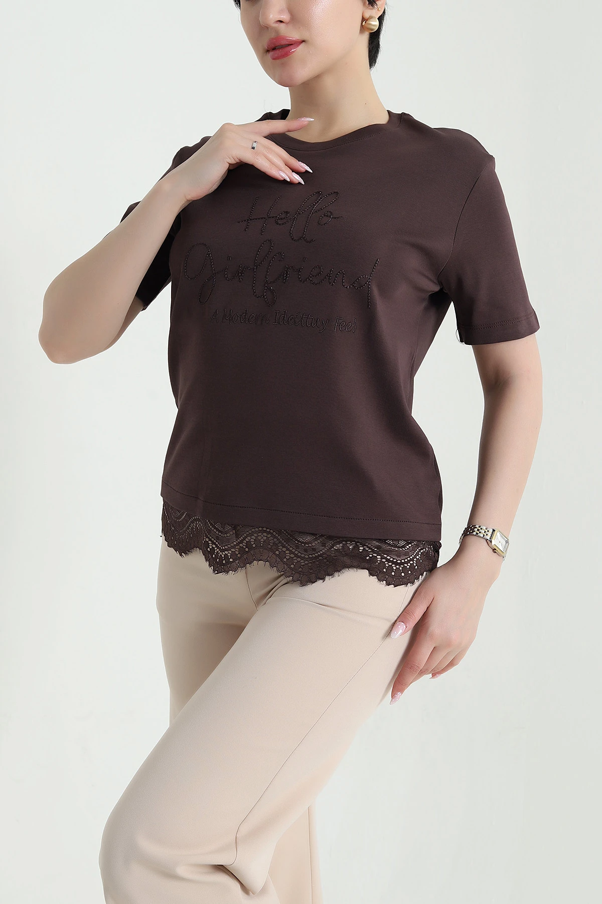 Kahverengi Dantelli İnterlok Kadın Bluz 457619