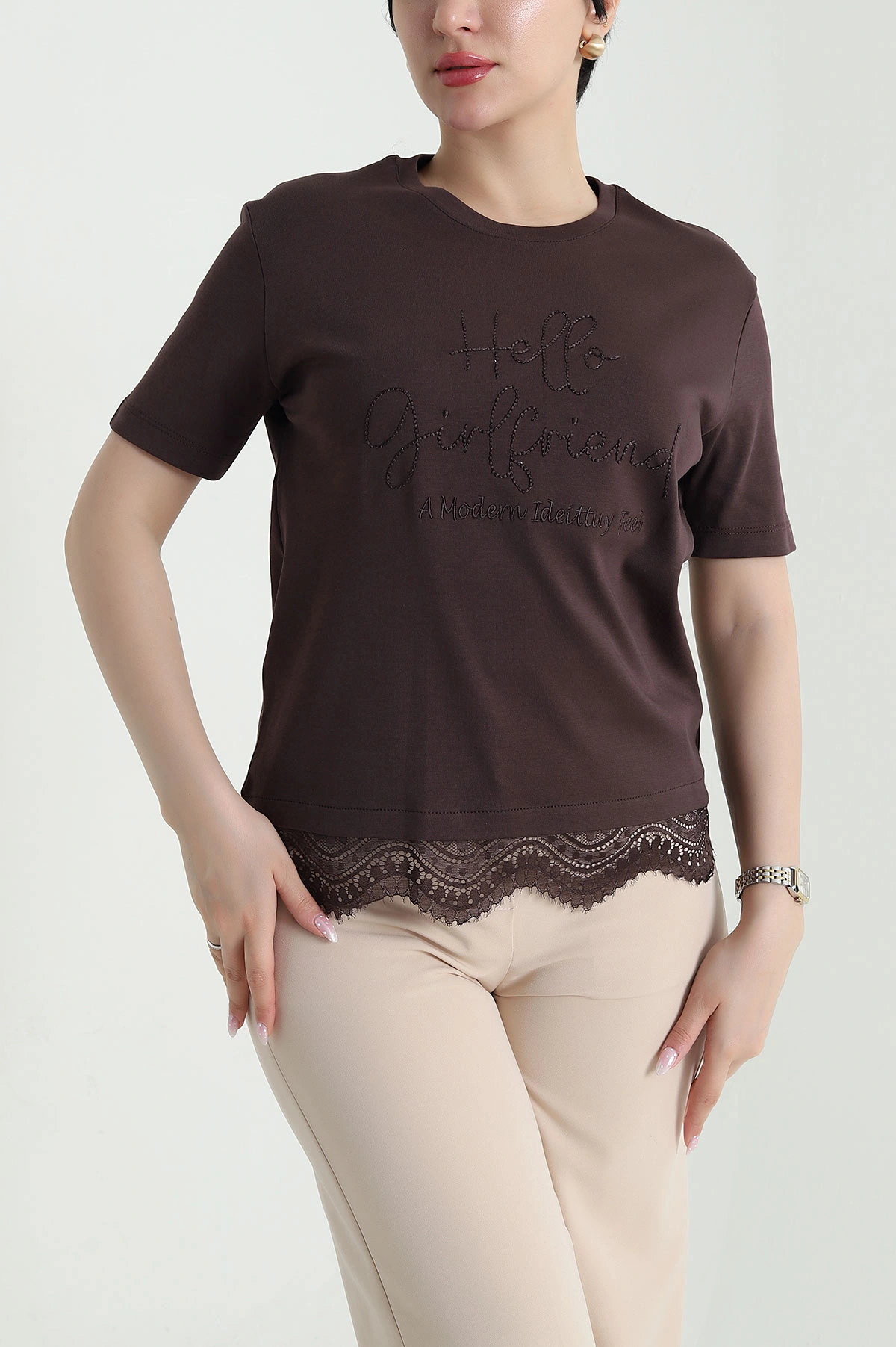 Kahverengi Dantelli İnterlok Kadın Bluz 457619