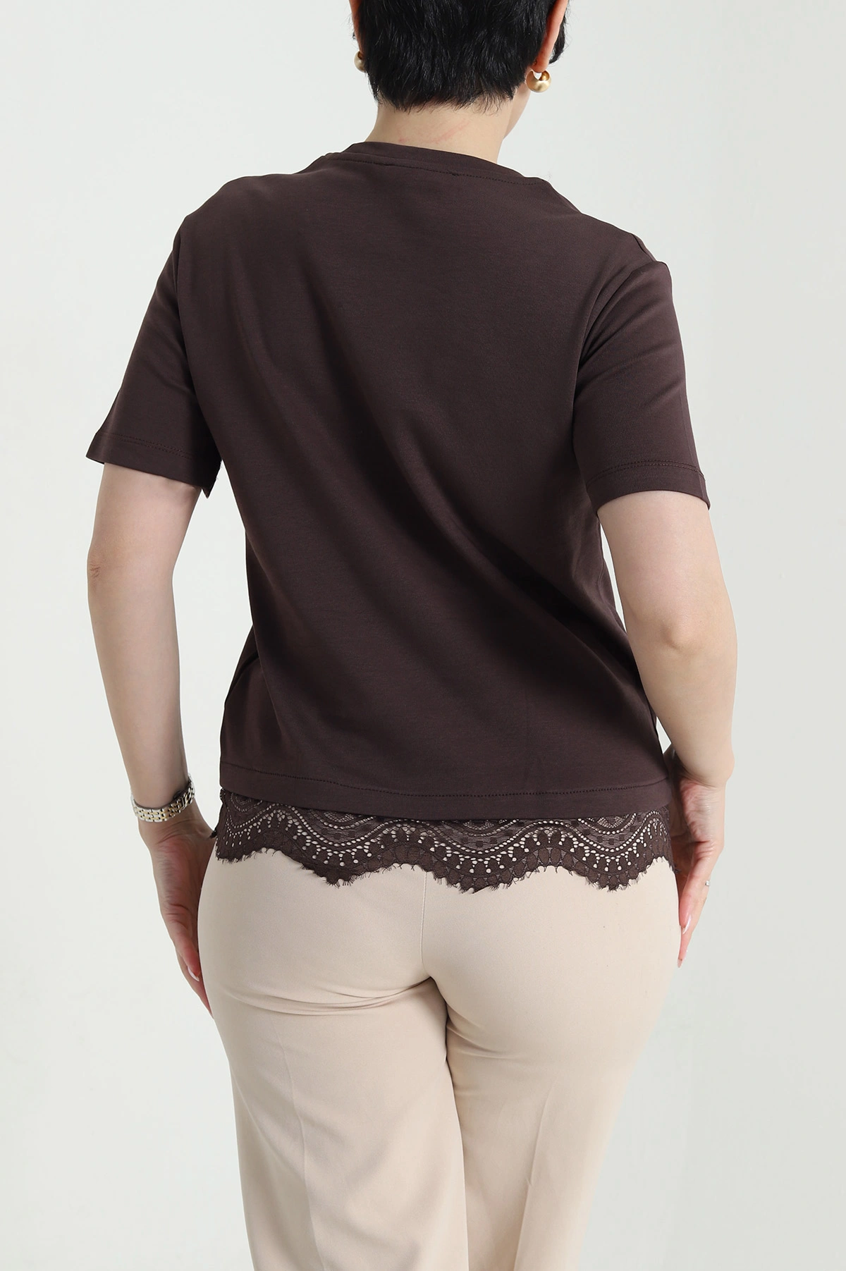 Kahverengi Dantelli İnterlok Kadın Bluz 457619