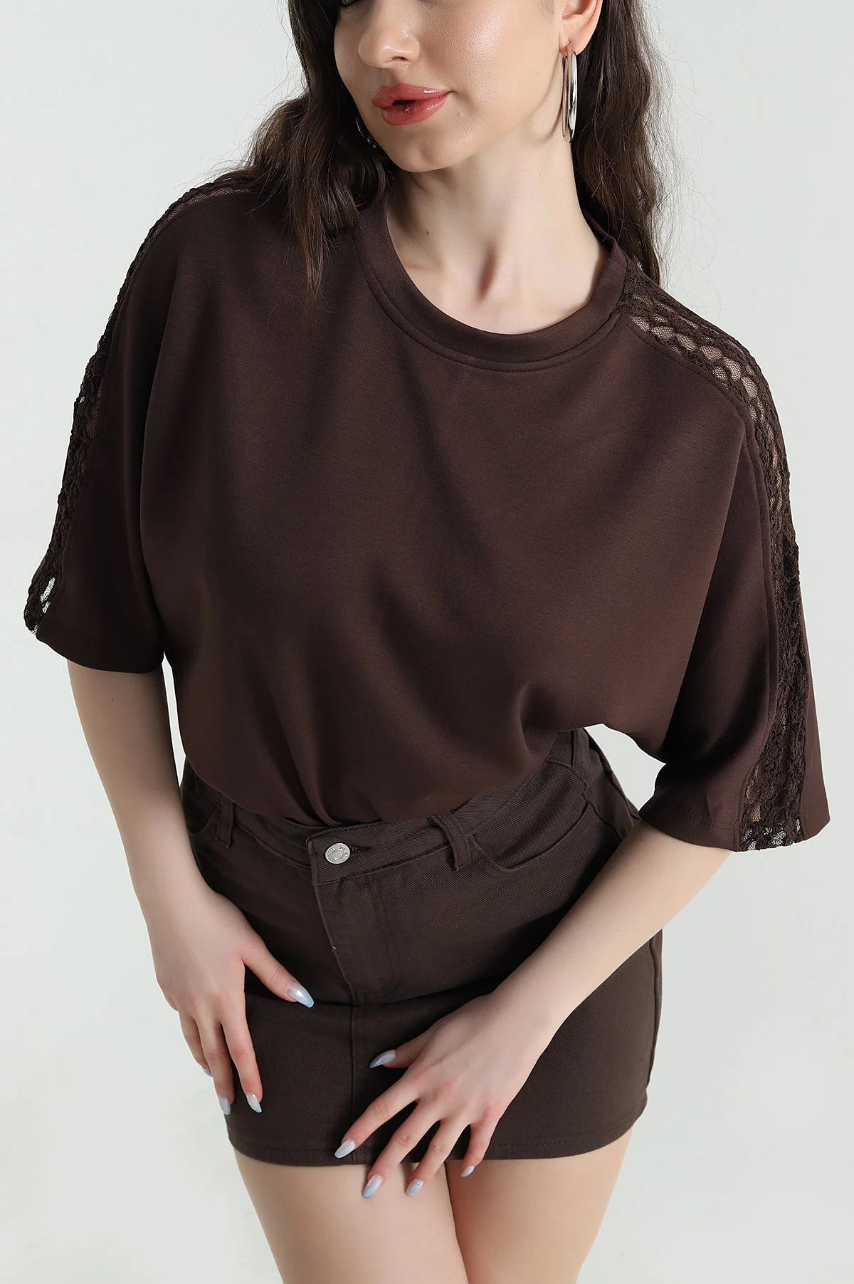 Kahverengi Dantelli Modal Kadın Bluz 451360